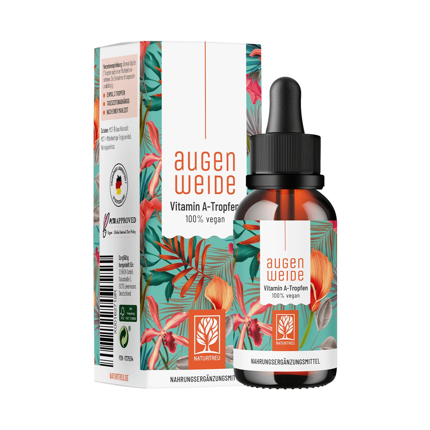 Braune Glasflasche mit Tropfer und Verpackung. Aufschrift: Augenweide, Vitamin A-Tropfen, 100% vegan. Mit NATURTREU® Logo und deutschem Siegel.