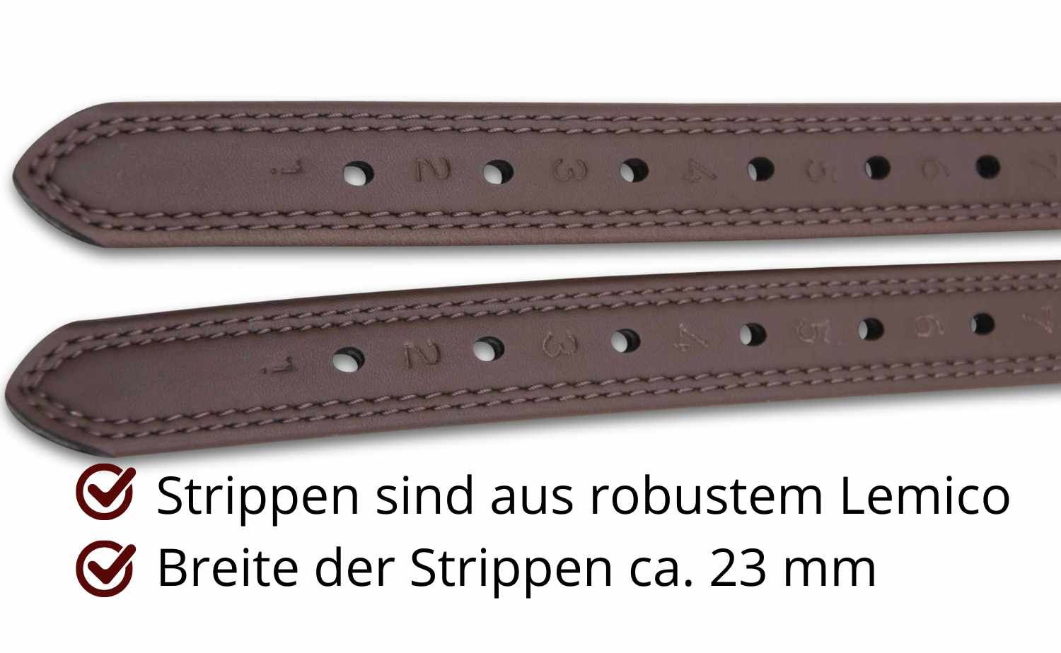 Nahaufnahme von zwei braunen Riemen mit Löchern. Text: 'Riemen sind aus robustem Lemico' und 'Breite der Riemen ca. 23 mm'.