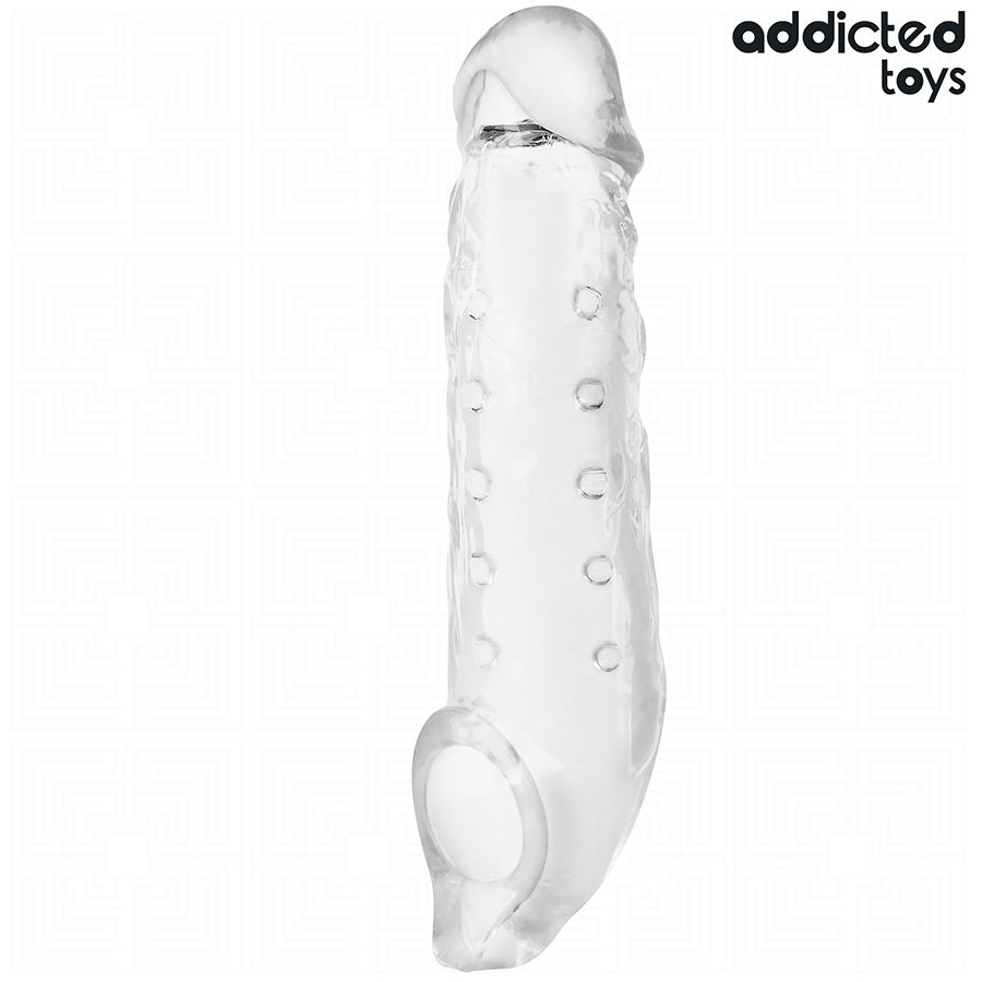 Transparente Penisverlängerung mit Noppen, Ansicht von der Seite, Logo 'addicted toys'.