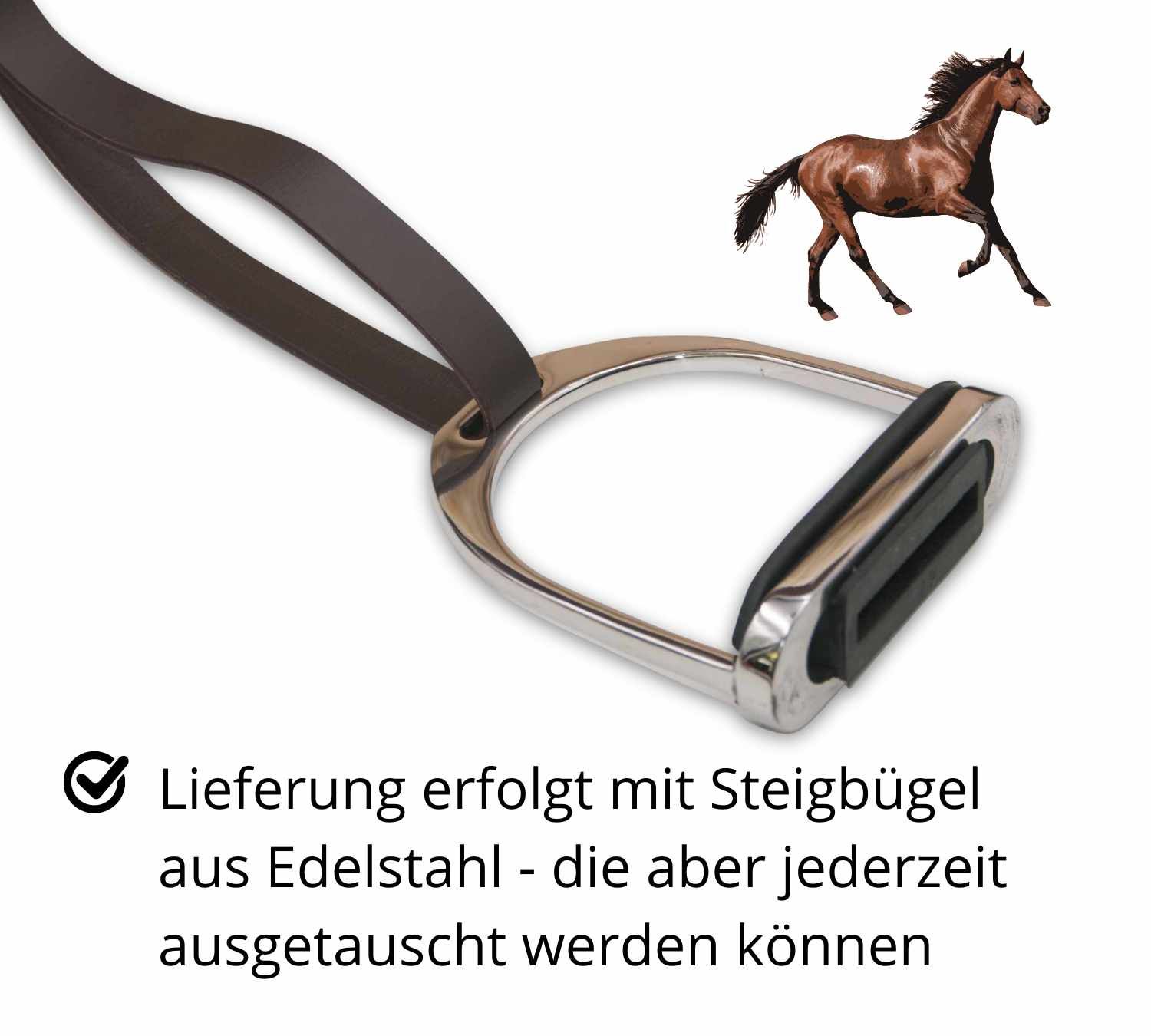 Steigbügel aus Edelstahl mit Lederriemen. Text: Lieferung mit Steigbügeln aus Edelstahl.