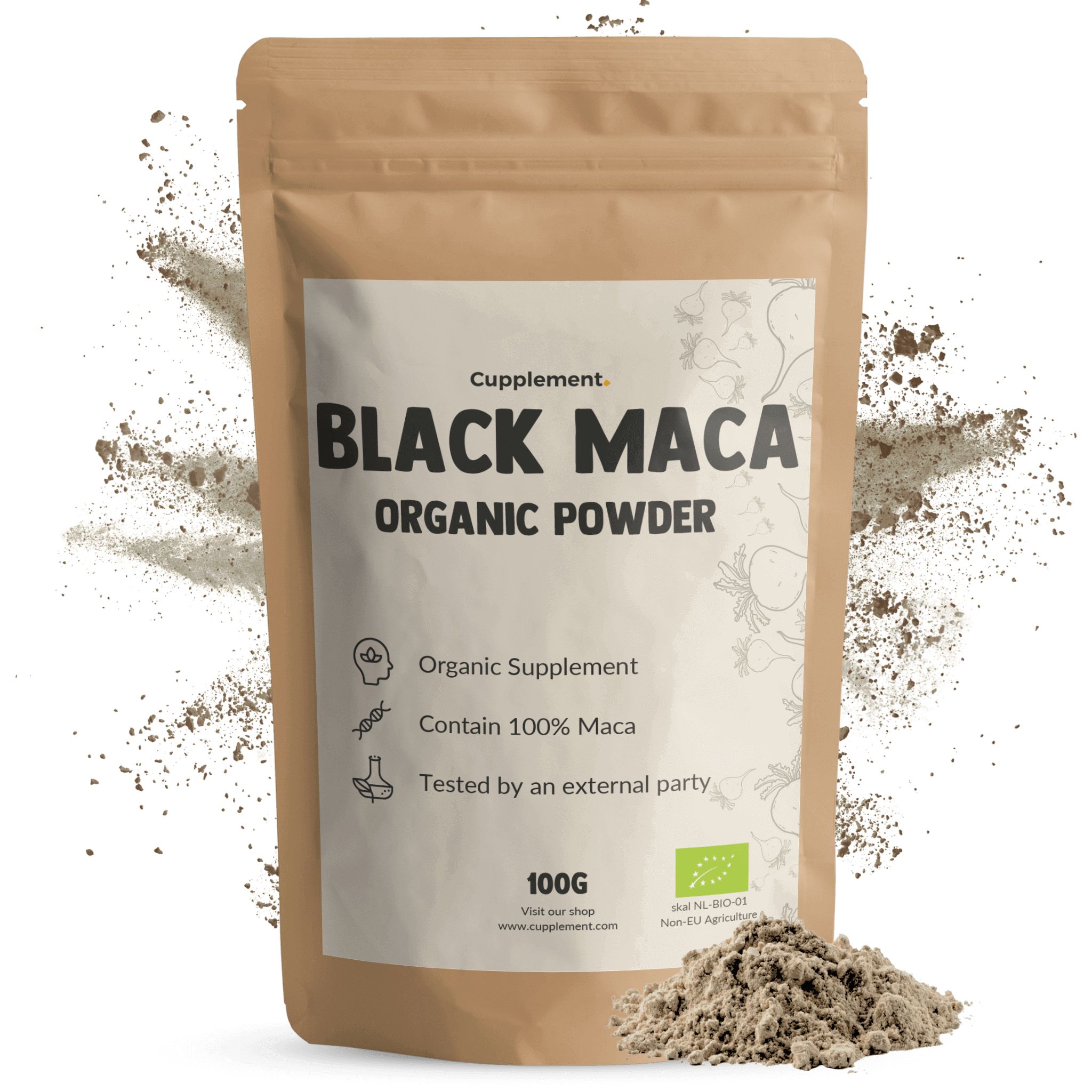 Beutel mit schwarzem Maca-Pulver. Aufschrift: Black Maca Organic Powder. 100g. Bio-Siegel.