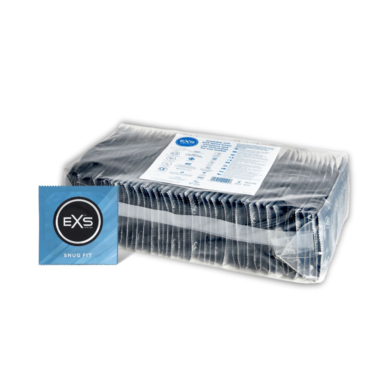 Verpackung mit vielen EXS Snug Fit Kondomen, eine einzelne Packung vorne. Transparente Umverpackung.