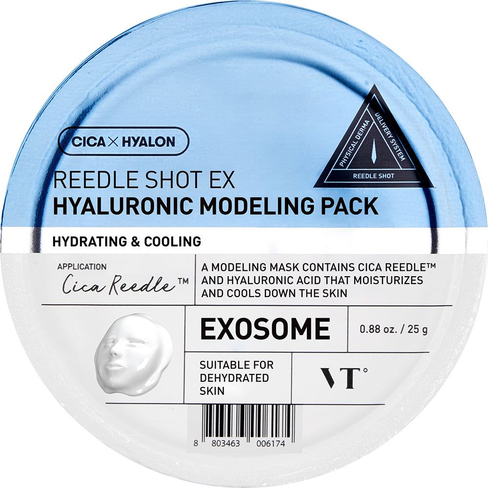 VT COSMETICS Reedle Shot Ex Hyaluronic Modeling Pack Behälter mit Hautpflege-Informationen.