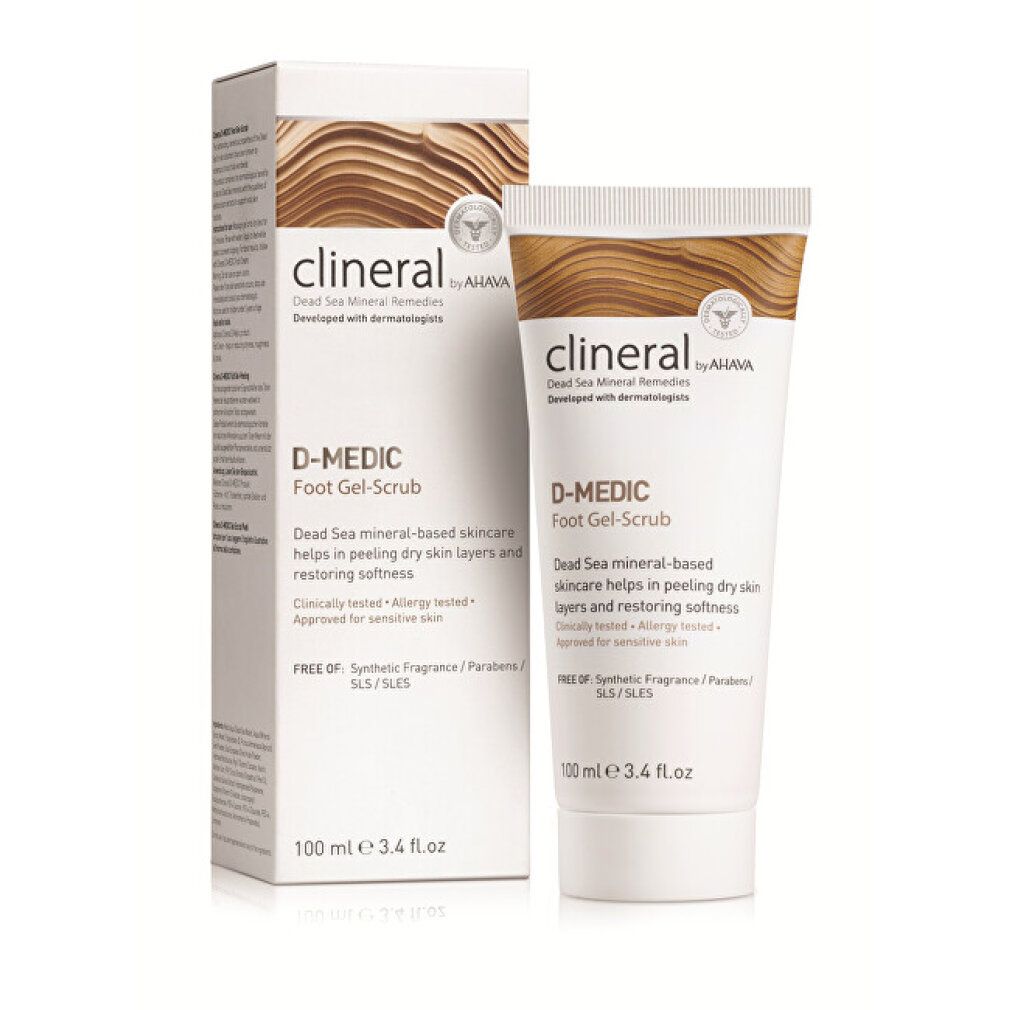 Ahava Clineral D-Medic Fuß Gel-Scrub Tube und Kartonverpackung, 100ml.