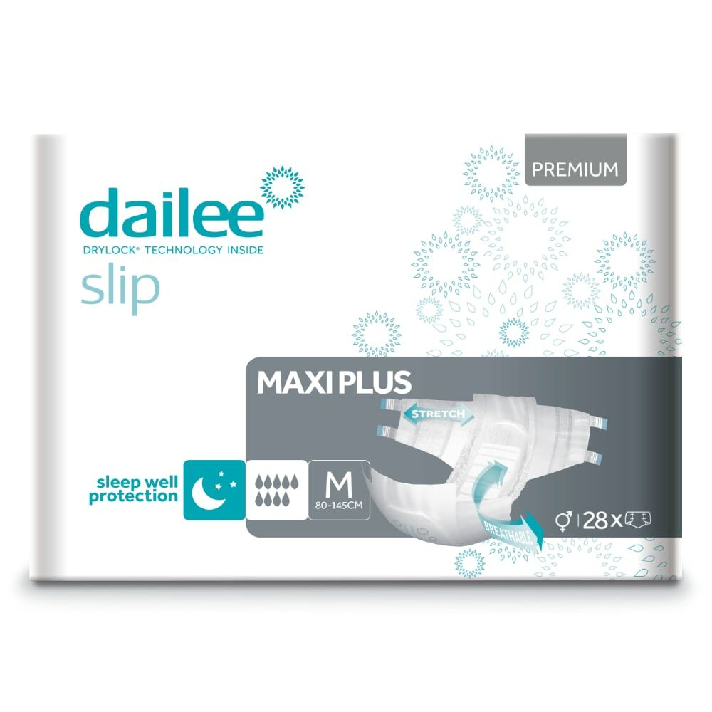 Verpackung von Dailee Slip Premium Maxi Plus. Weiße Verpackung mit Produktabbildung. Größe M, 28 Stück. Text: DRYLOCK TECHNOLOGY INSIDE.
