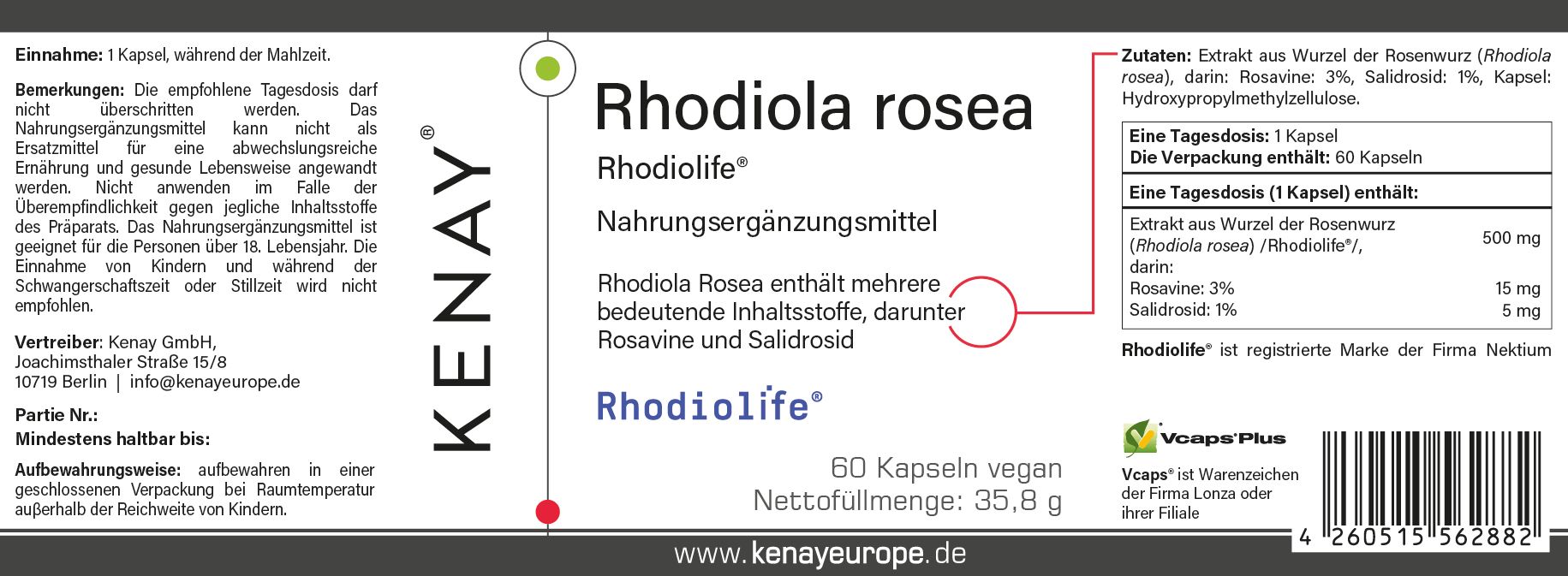 Detailansicht des Etiketts einer Flasche Rhodiola rosea. Text: Rhodiolife®, Nahrungsergänzungsmittel, KENAY. 60 Kapseln vegan. Inhaltsstoffe.