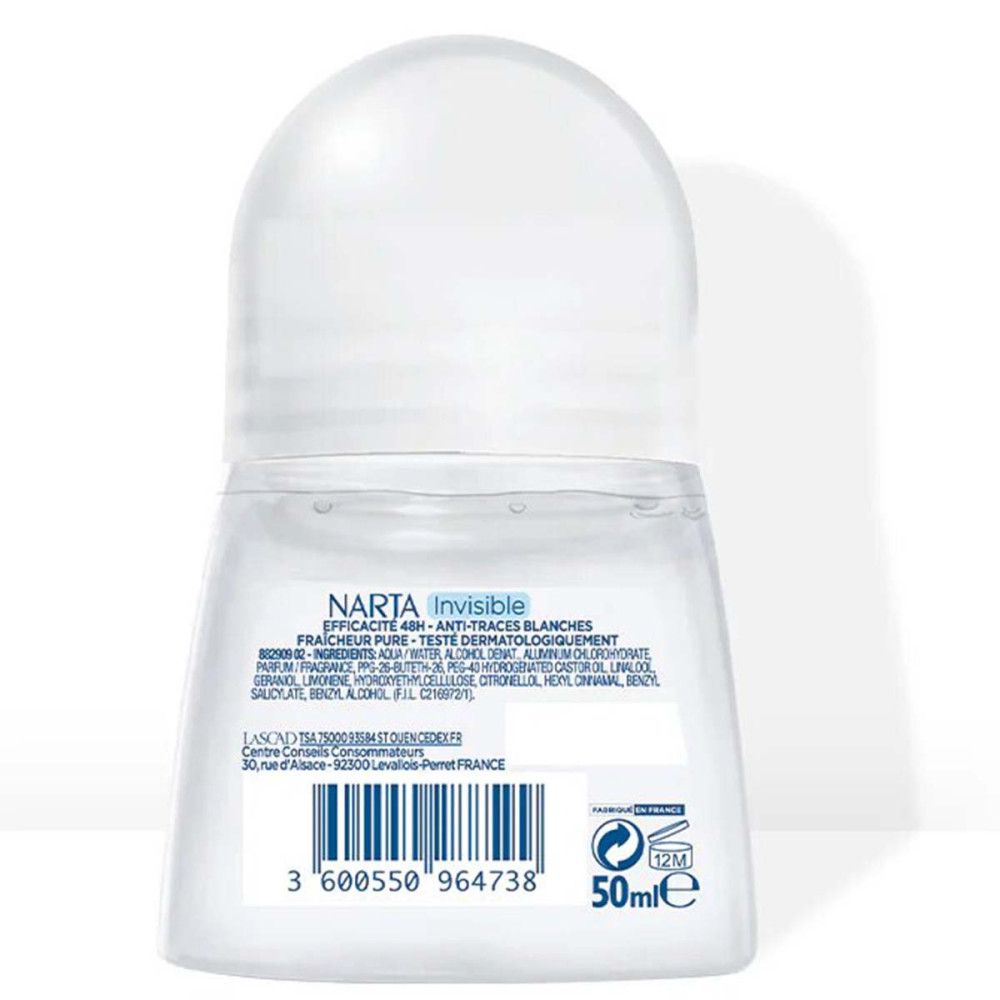 Rückseite des Narta Invisible Deo-Rollers. Weißer Behälter mit Text und Barcode. Text: Anti-Transpirant, Pure Frische, 50ml.