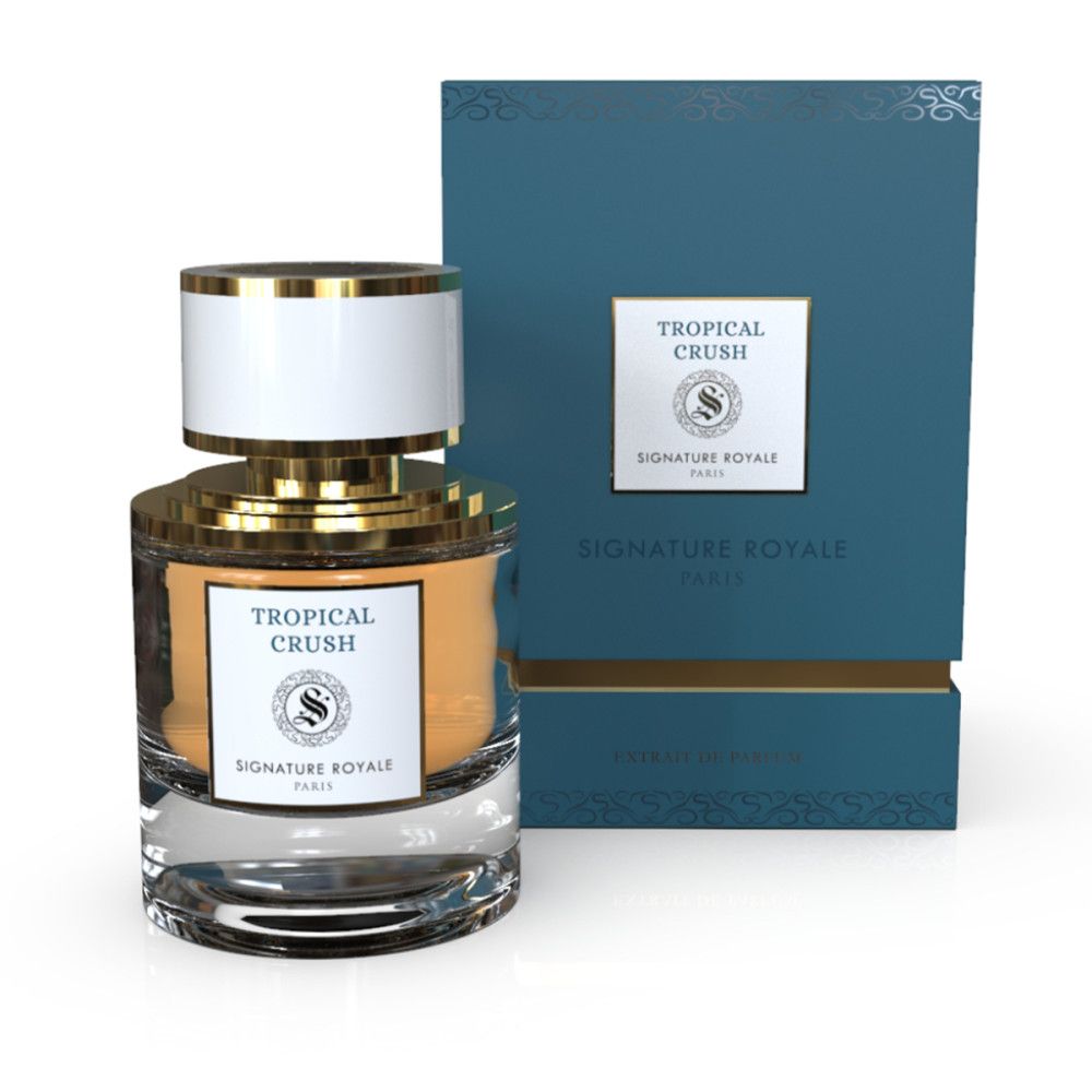 Parfümflakon mit goldener Kappe und weißem Deckel. Rechteckige Verpackung mit Logo und Produktnamen.