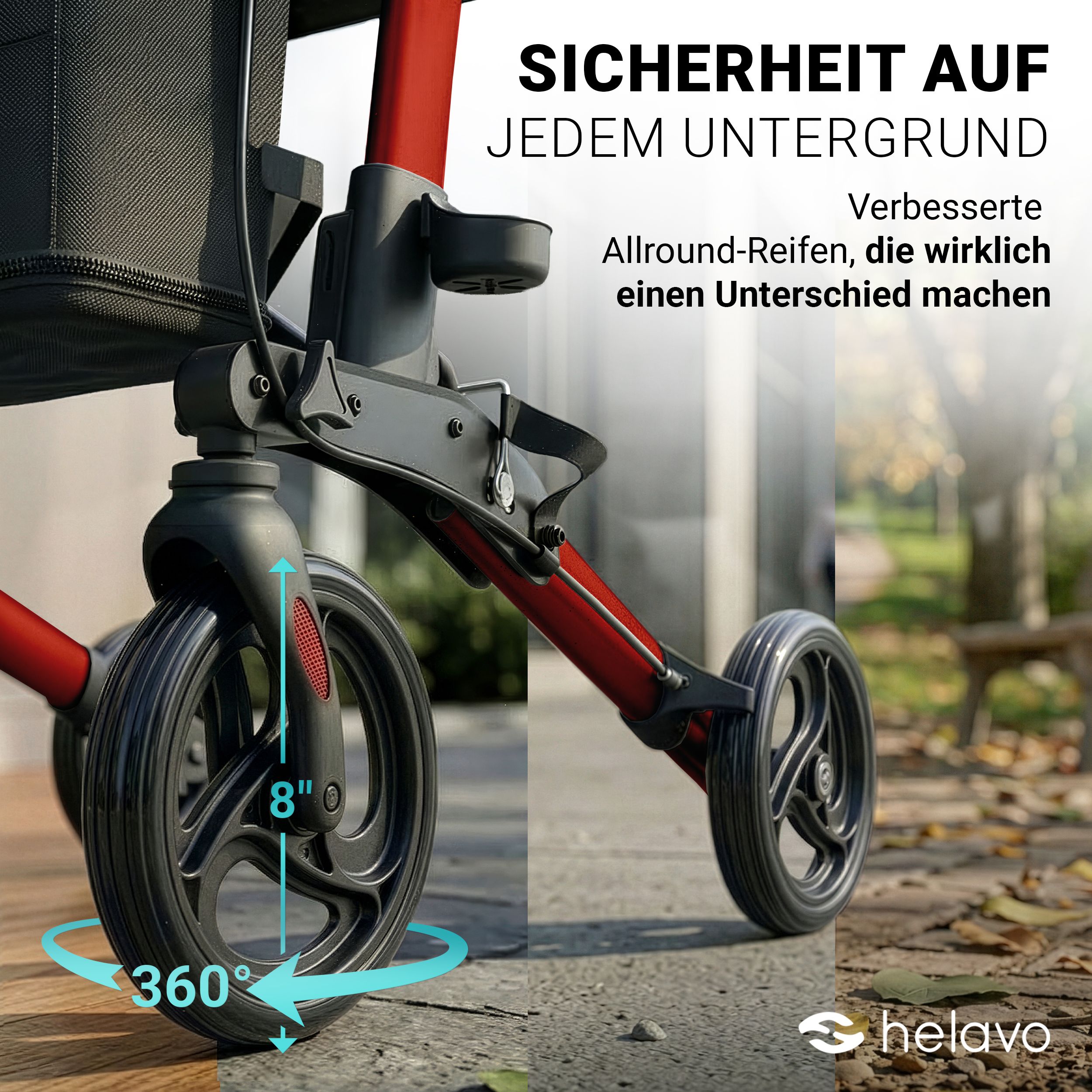 Detailansicht der Räder eines roten Helavo Rollators. 8-Zoll-Räder mit 360° Drehung.