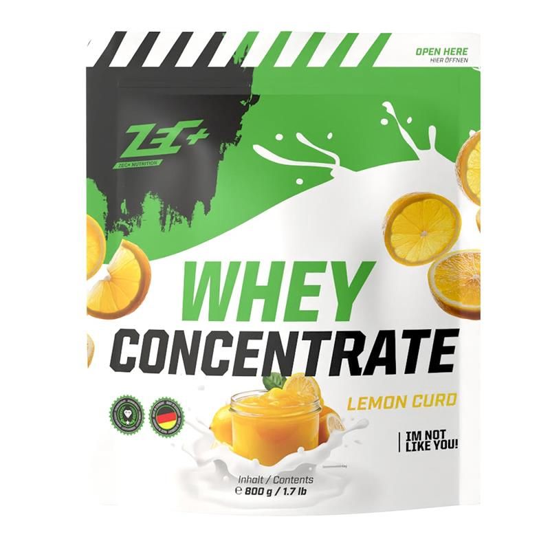 Beutel mit ZEC+ Whey Concentrate Zitronencreme. Produktabbildung mit Zitronen und Milchspritzern. Enthält 800g.