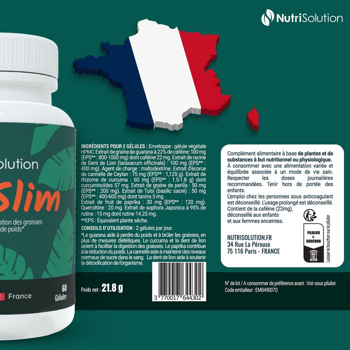 Rückseite des NutriSolution Exislim Behälters mit Zutatenliste und Frankreich-Karte.