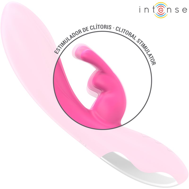 Nahaufnahme des Stimulators eines pinken Vibrators. Zeigt die Form und die Bewegungen für die clitorale Stimulation.
