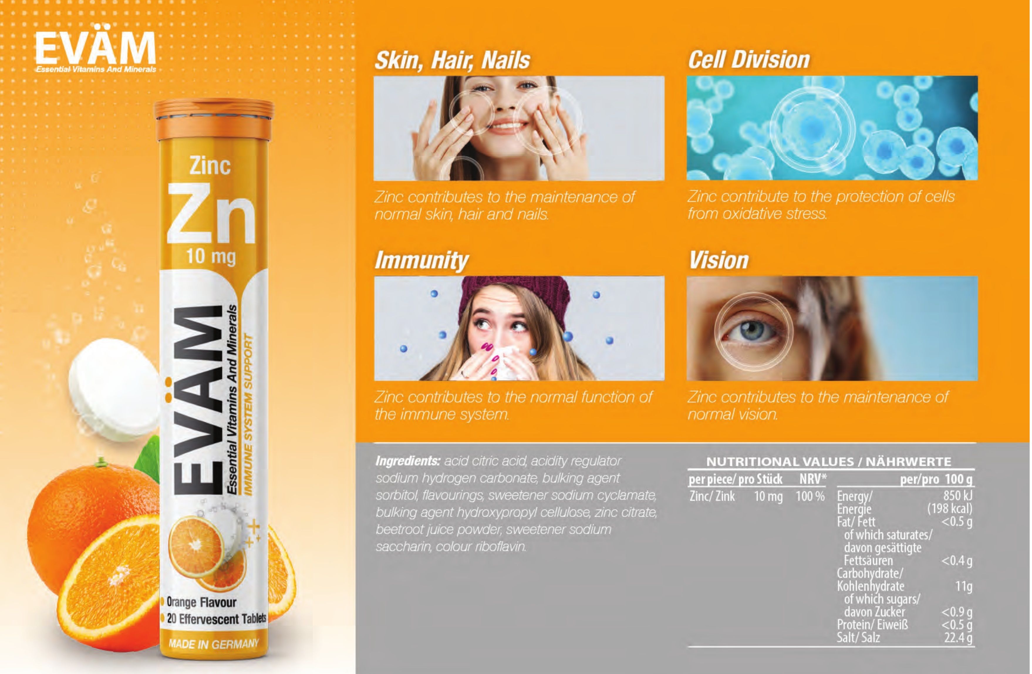 Zink-Brausetabletten-Tube, Orangen und Informationen zu Haut, Haaren, Nägeln, Zellteilung, Immunität und Sehvermögen.