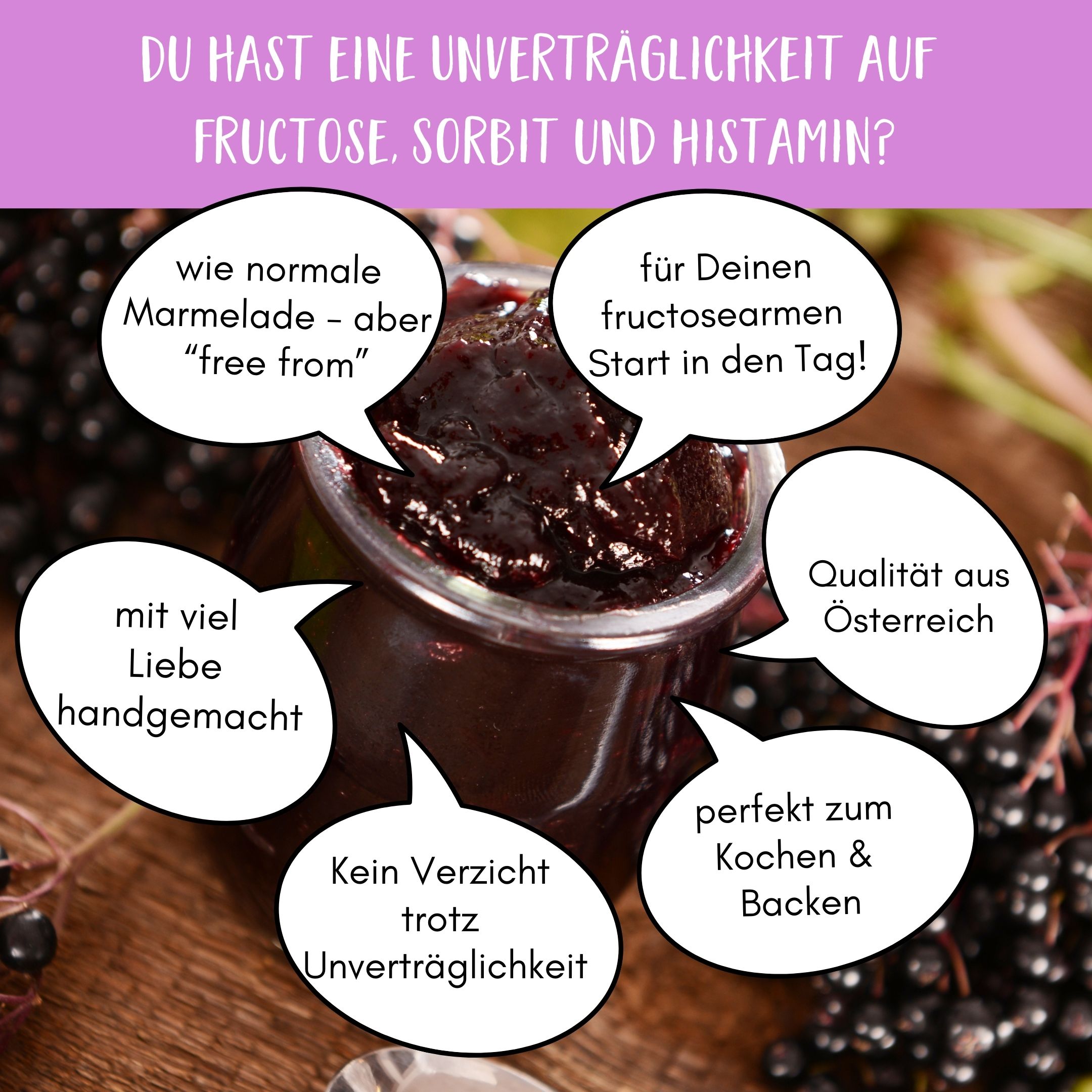 Glas FRUNIX® Holunder-Zimt Fruchtaufstrich. Sprechblasen: wie normale Marmelade, für fructosearmen Start, Qualität aus Österreich, perfekt zum Kochen & Backen.