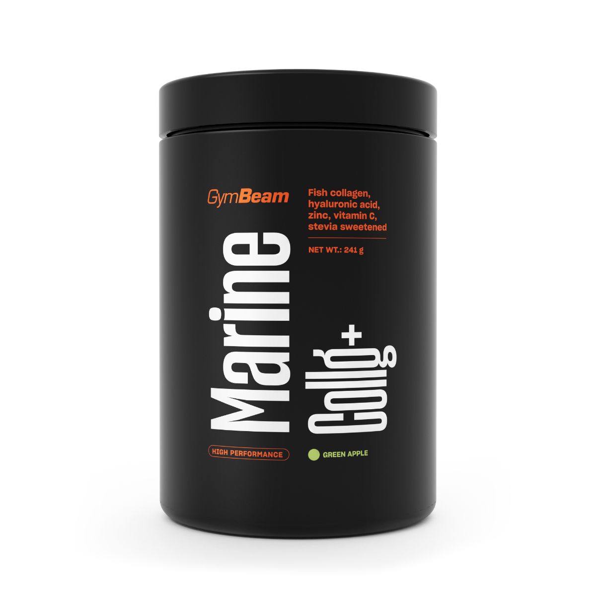 Schwarzer Behälter mit GymBeam Marine Collg+ Fischkollagen Pulver in Grünem Apfelgeschmack. Enthält Fischkollagen, Hyaluronsäure, Zink, Vitamin C.
