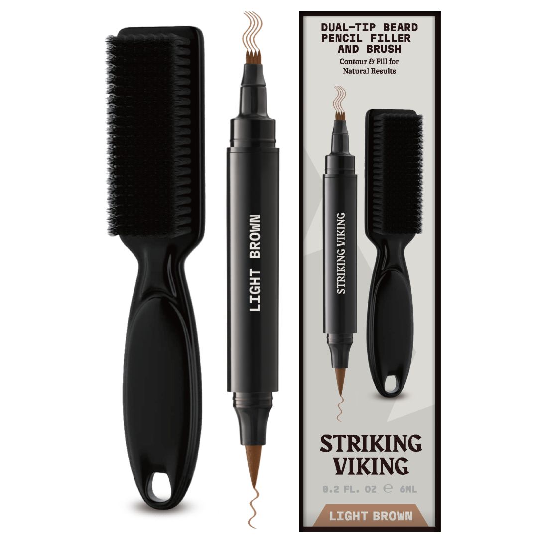 Doppelspitzenstift und Bürste. Schwarzer Griff, braune Spitze. Verpackung mit Produktabbildung und Schriftzug "STRIKING VIKING".