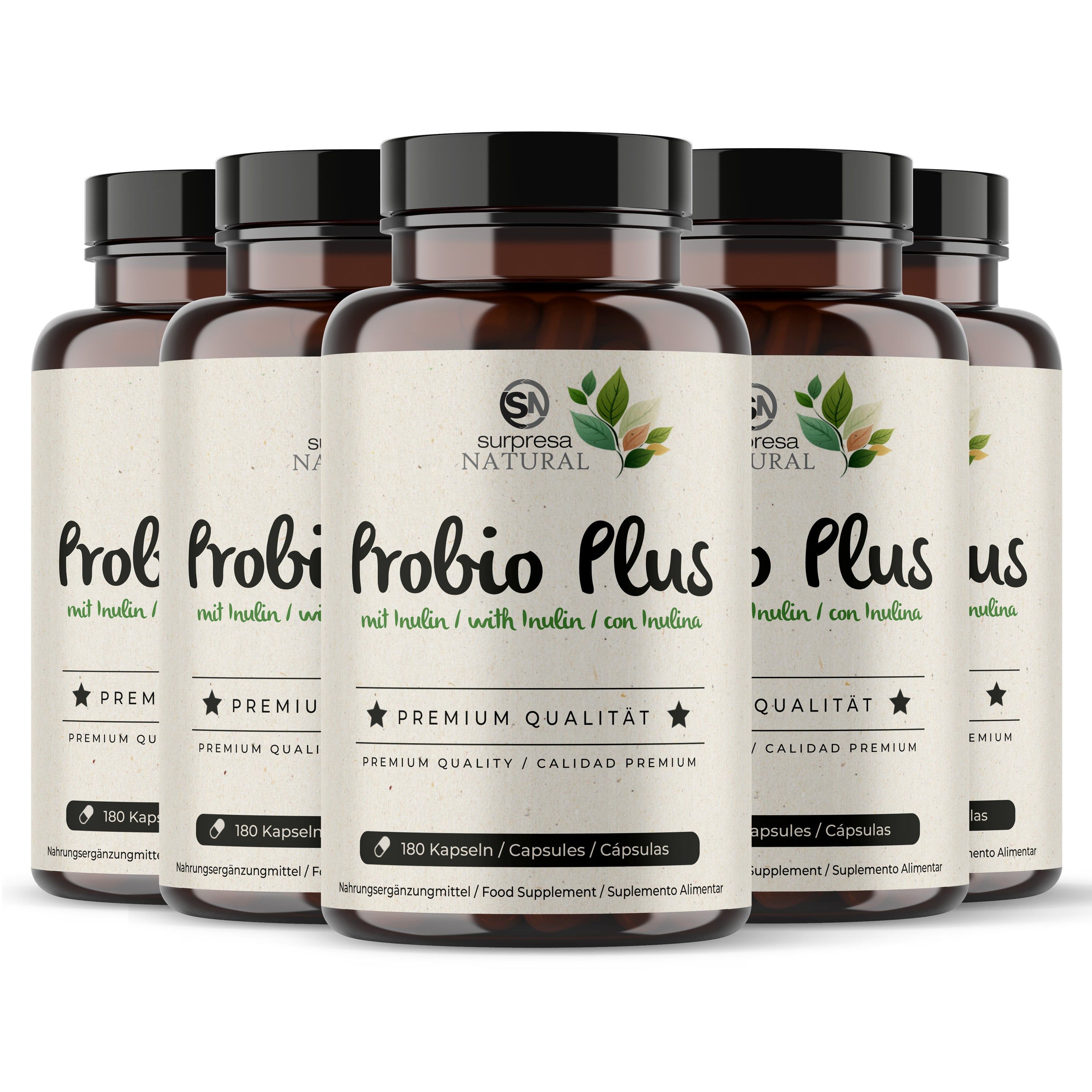 Sechs Flaschen Surpresa Natural Probio Plus Kapseln in einer Gruppe.