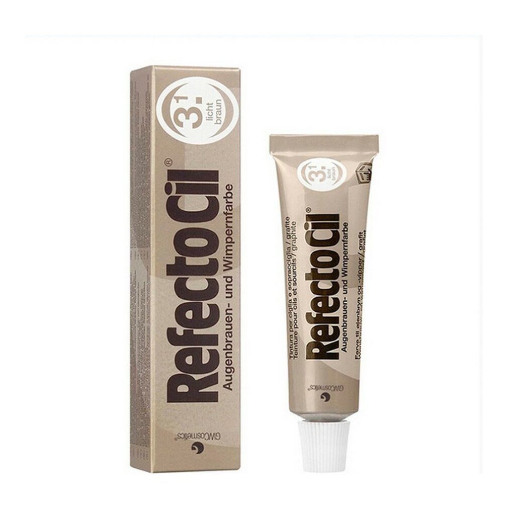 Refectocil 3.1 lichtbraun, Augenbrauen- und Wimpernfarbe. Tube und Verpackung. Braune Schrift auf hellbraunem Hintergrund.