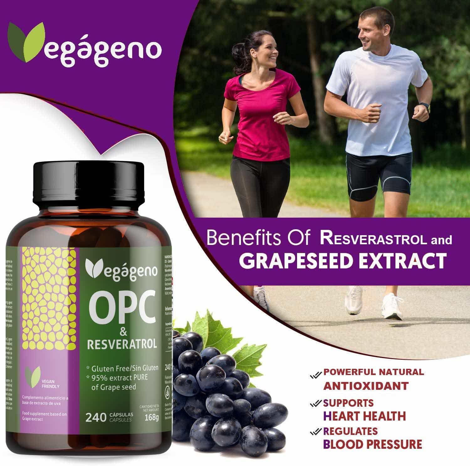 Braune Flasche VEGÁGENO OPC & RESVERATROL Kapseln. 240 Kapseln. Text: Glutenfrei, 95% Traubenkernextrakt. Läuferpaar im Hintergrund. Vorteile.