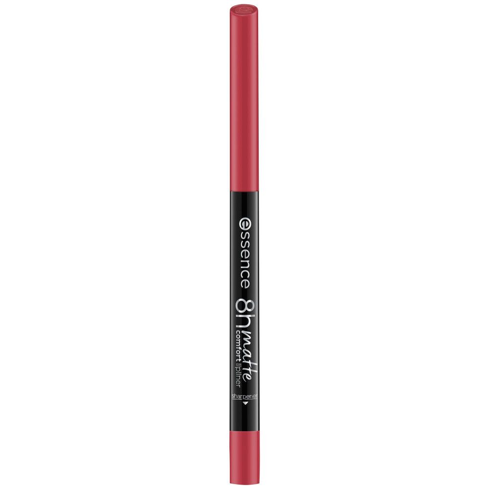 Roter Lippenstiftstift. Schwarzer Stift mit weißer Schrift: essence 8h matte comfort lipliner.