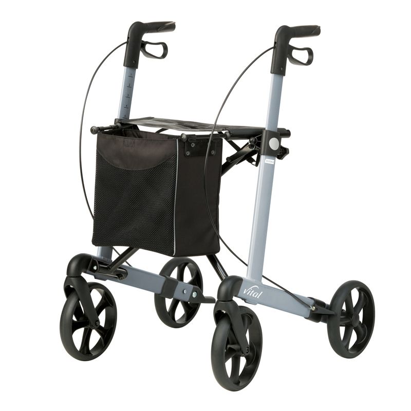 Rollator Vital Classic, eisblau, mit vier Rädern, Einkaufstasche und Handgriffen. Graues Gestell, schwarze Räder und Tasche.