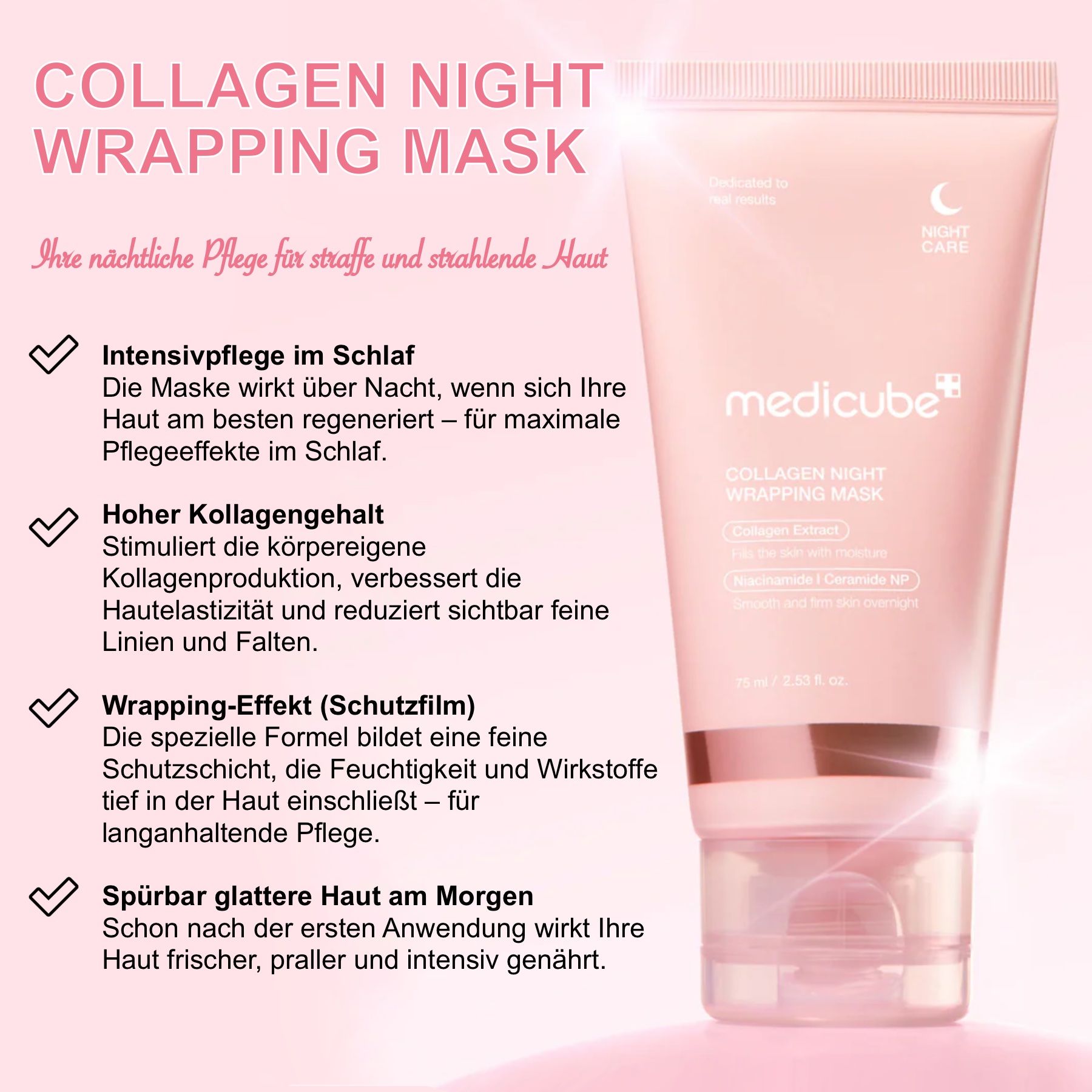 Eine Tube Medicube Collagen Night Wrapping Mask. Text: Collagen Night Wrapping Mask. Vorteile: Intensivpflege, hoher Kollagengehalt, Wrapping-Effekt.