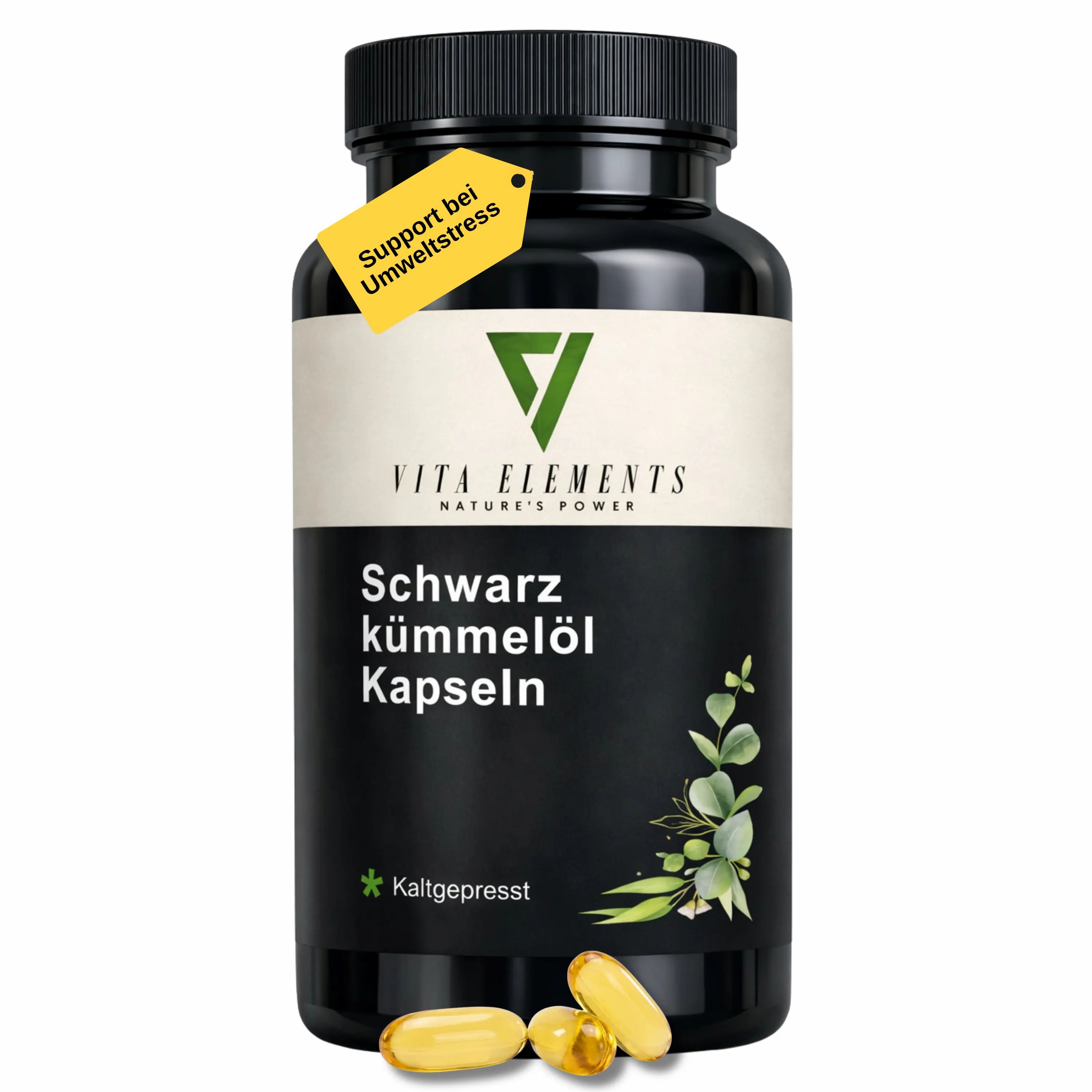 Schwarzkümmelöl Kapseln von Vita Elements in schwarzer Dose mit gelbem Anhänger.