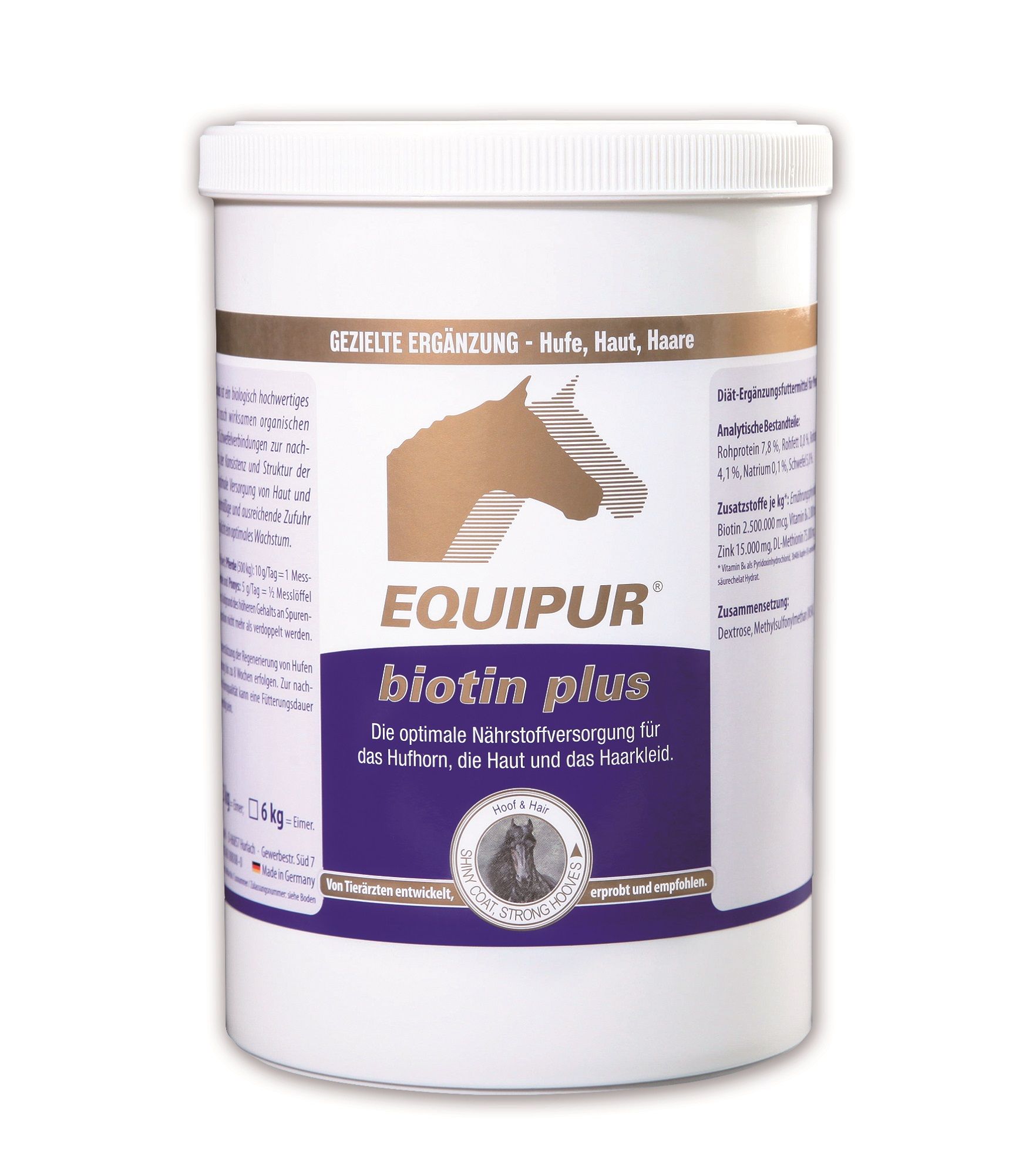 Weißer Behälter mit Deckel. Aufschrift: EQUIPUR biotin plus. Text: Optimale Nährstoffversorgung für Huf, Haut und Haar. Logo: Pferdekopf.