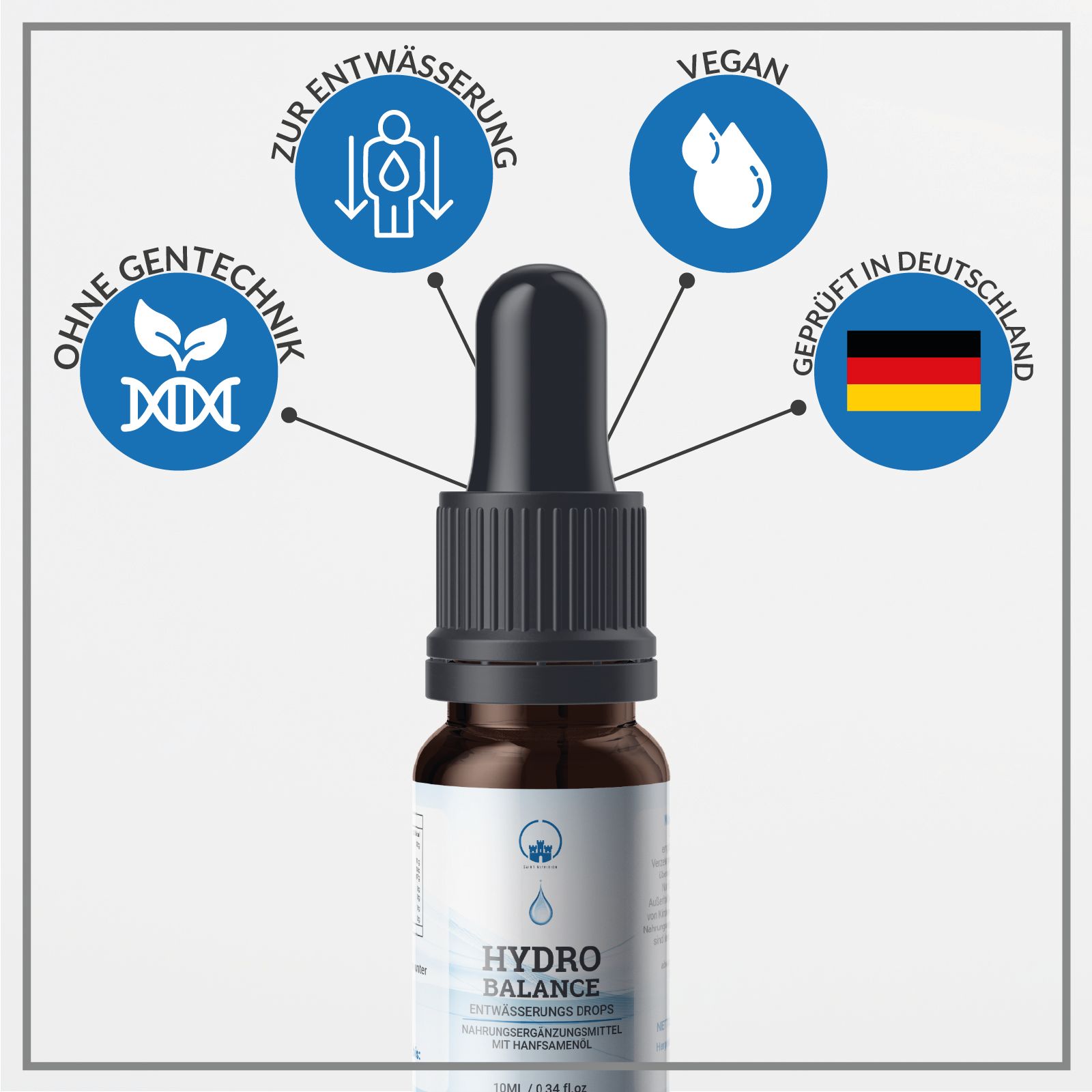 Braune Flasche mit Tropfer. Logos: Ohne Gentechnik, Vegan, Geprüft in Deutschland, Zur Entwässerung.