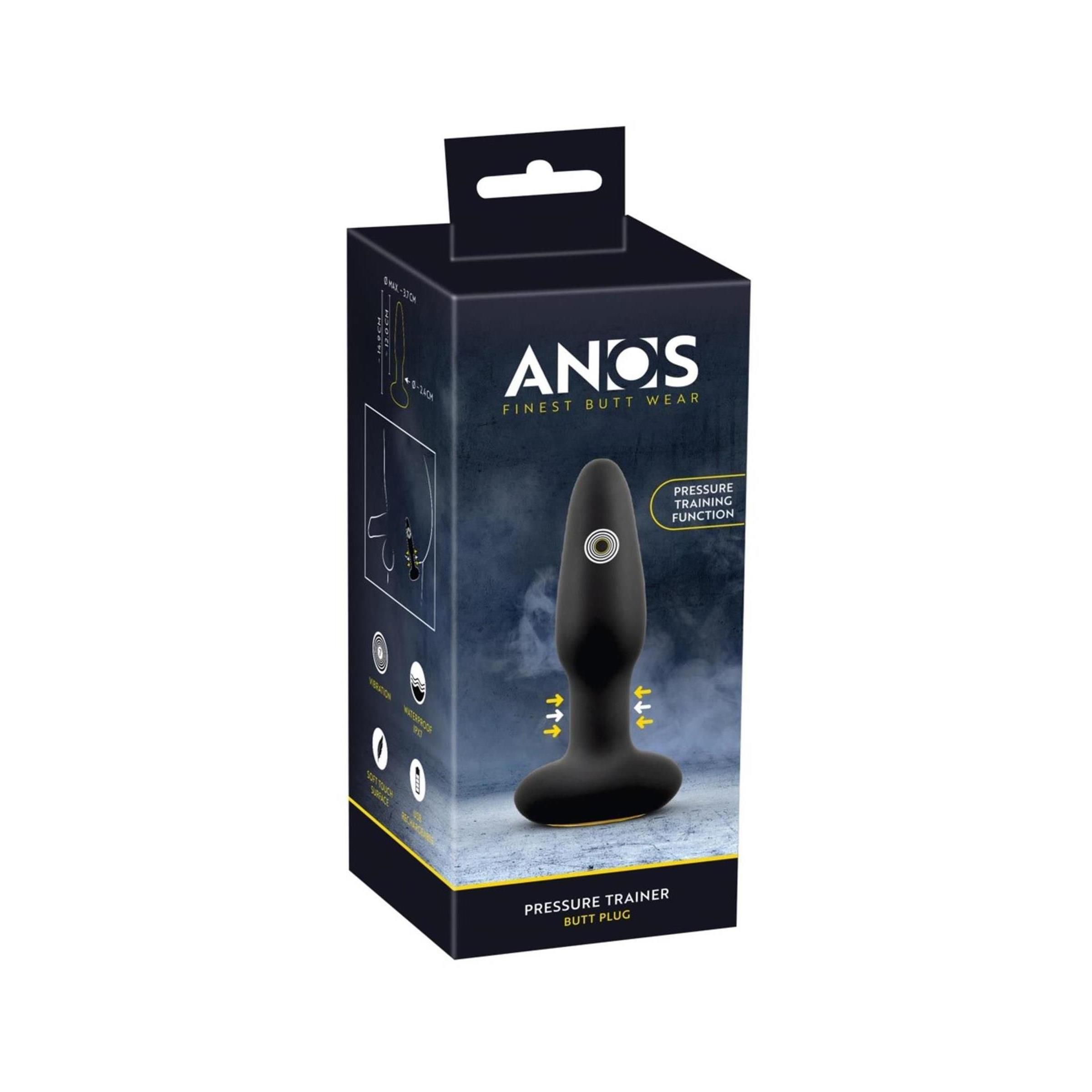 Verpackung des ANOS Pressure Trainer Anal Plugs mit Produktabbildung und Hinweisen.