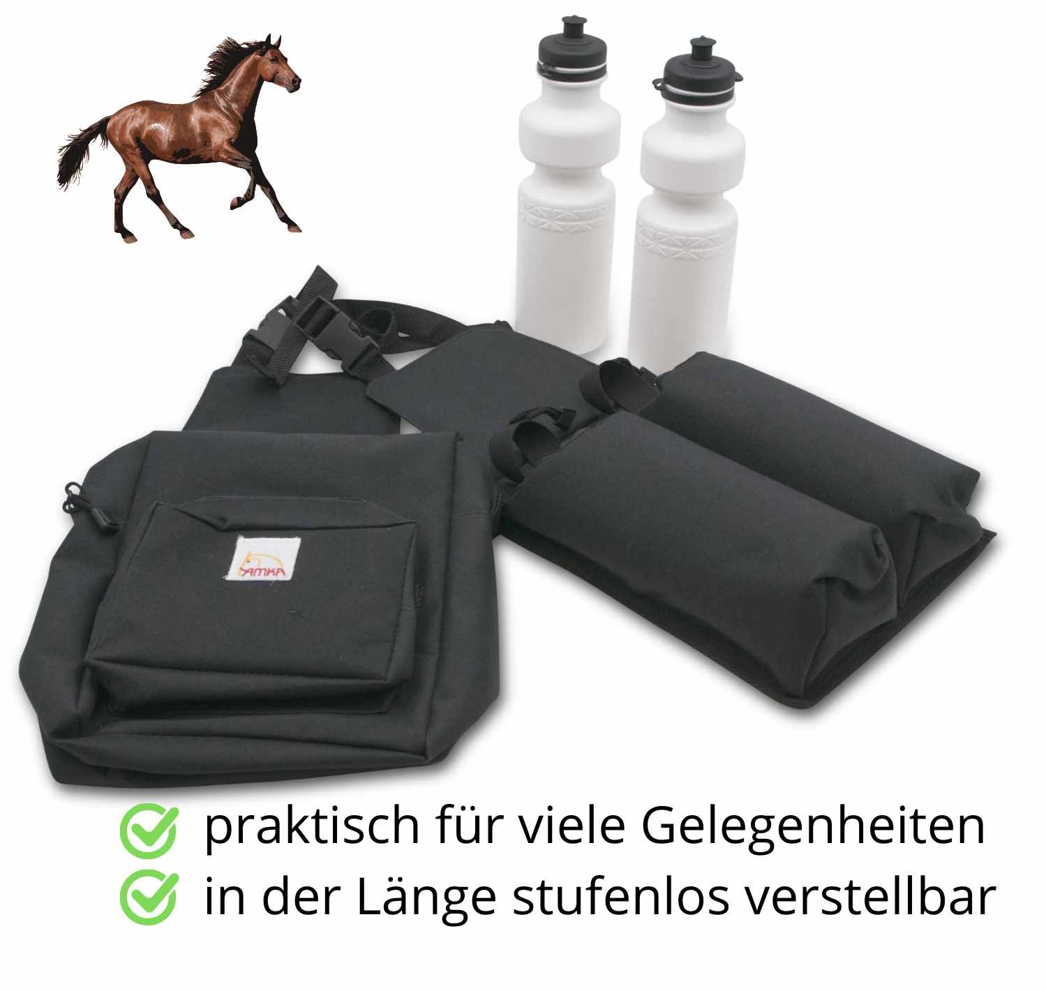 Schwarze Satteltasche mit zwei Halterungen für Trinkflaschen. Zwei weiße Flaschen mit schwarzem Deckel. Zubehör.