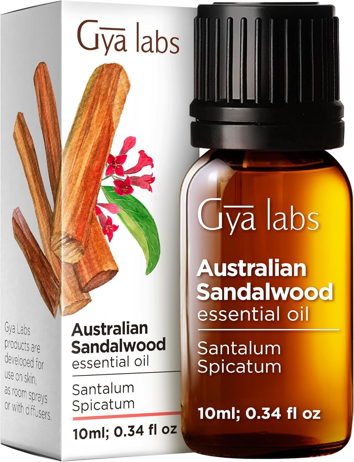 Glasflasche und Verpackung mit Text: "Gya labs", "Australian Sandalwood essential oil", "Santalum Spicatum", "10ml; 0.34 fl oz".