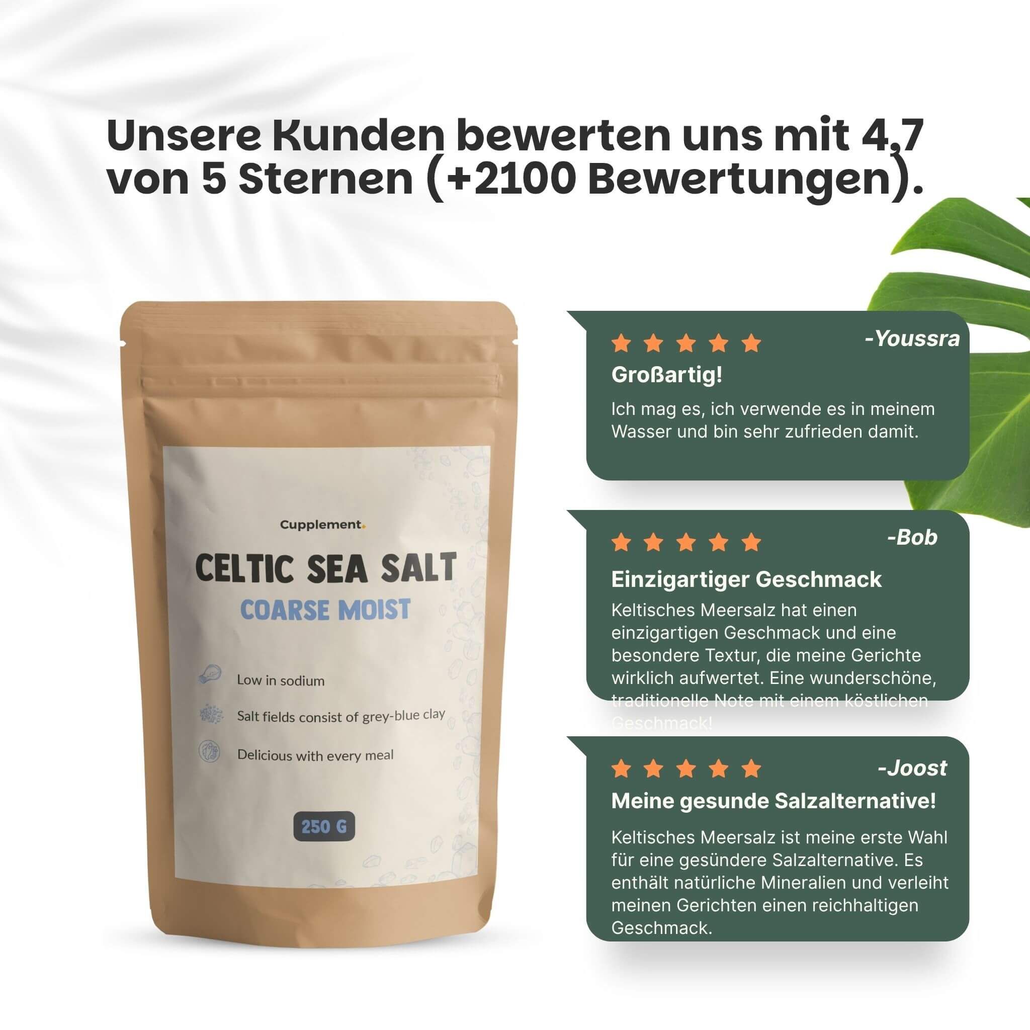 Cupplement Keltisches Meersalz, 250 g. Kundenbewertungen: 4.7/5 Sterne. Braune Verpackung mit weißem Etikett.