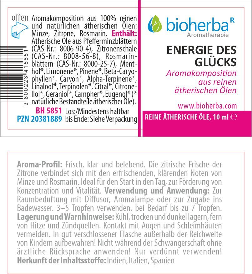 Nahaufnahme der Etiketten einer Flasche. Text: Bioherba, Energie des Glücks, reine ätherische Öle, 10 ml. Inhaltsstoffe.