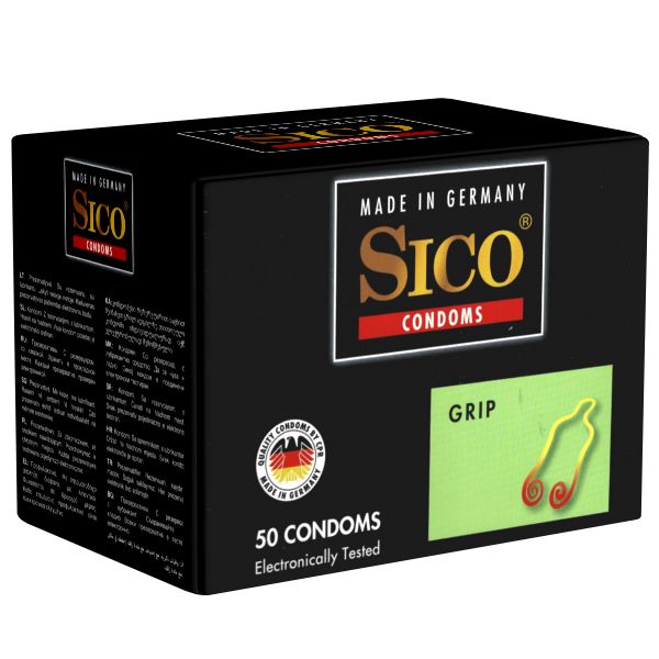 Schwarze Verpackung mit Sico-Logo und Schriftzug "Grip". Enthält 50 Kondome. Hergestellt in Deutschland. Mit Qualitätszeichen.