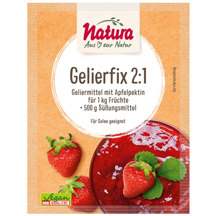 Verpackung mit Produktinformationen. Aufschrift: Gelierfix 2:1, Geliermittel mit Apfelpektin. Abbildung von Erdbeeren und Gelee. Vegan-Qualität.
