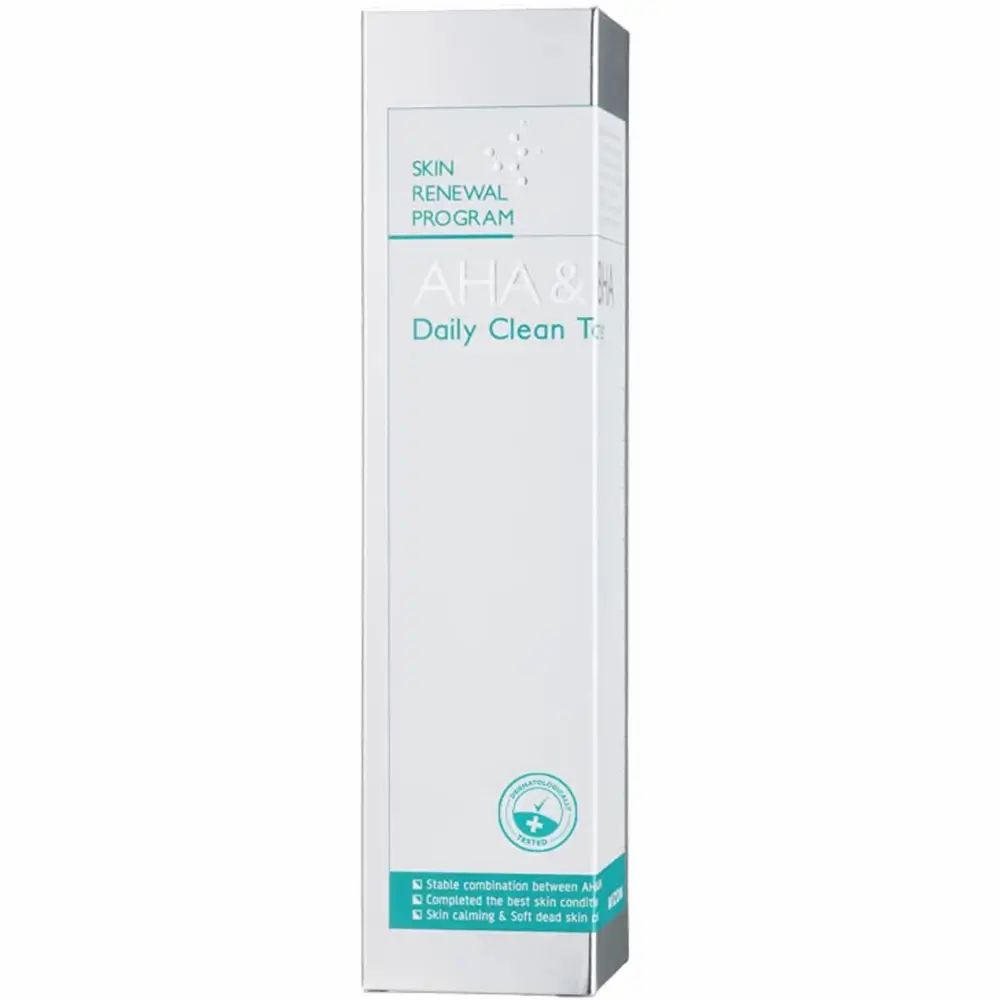 Verpackung des Gesichtstoners. Text: AHA & BHA Daily Clean Toner. Grün-weißes Design. Logo.