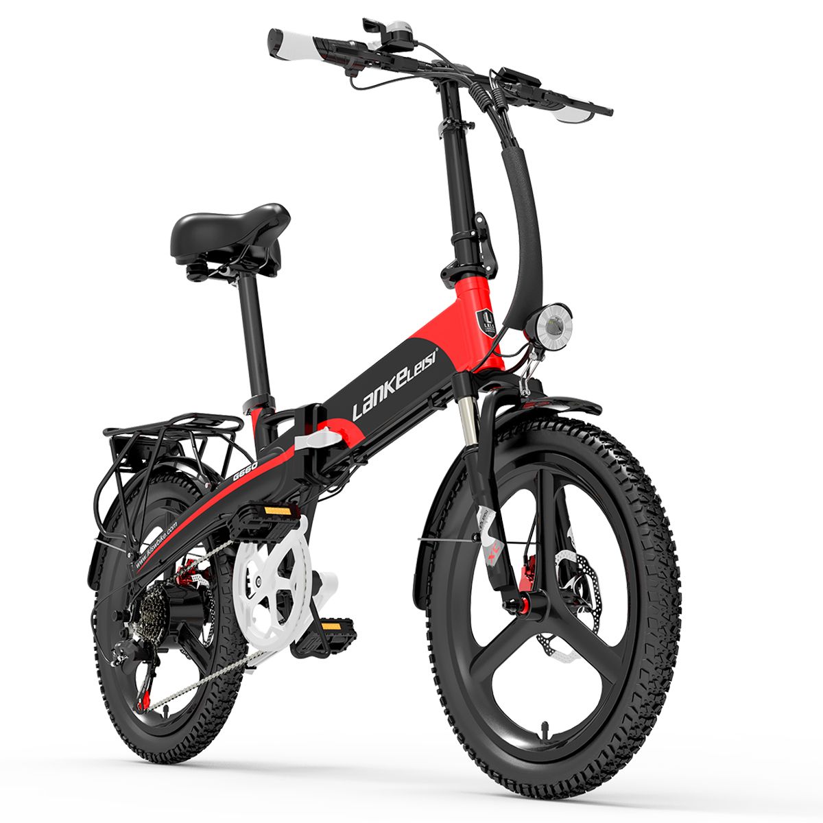 Faltbares E-Bike, rot-schwarz. Sichtbar: Marke LANKELEISI, G660. Schwarze Reifen, Gepäckträger, Scheinwerfer. Gefalteter Rahmen.