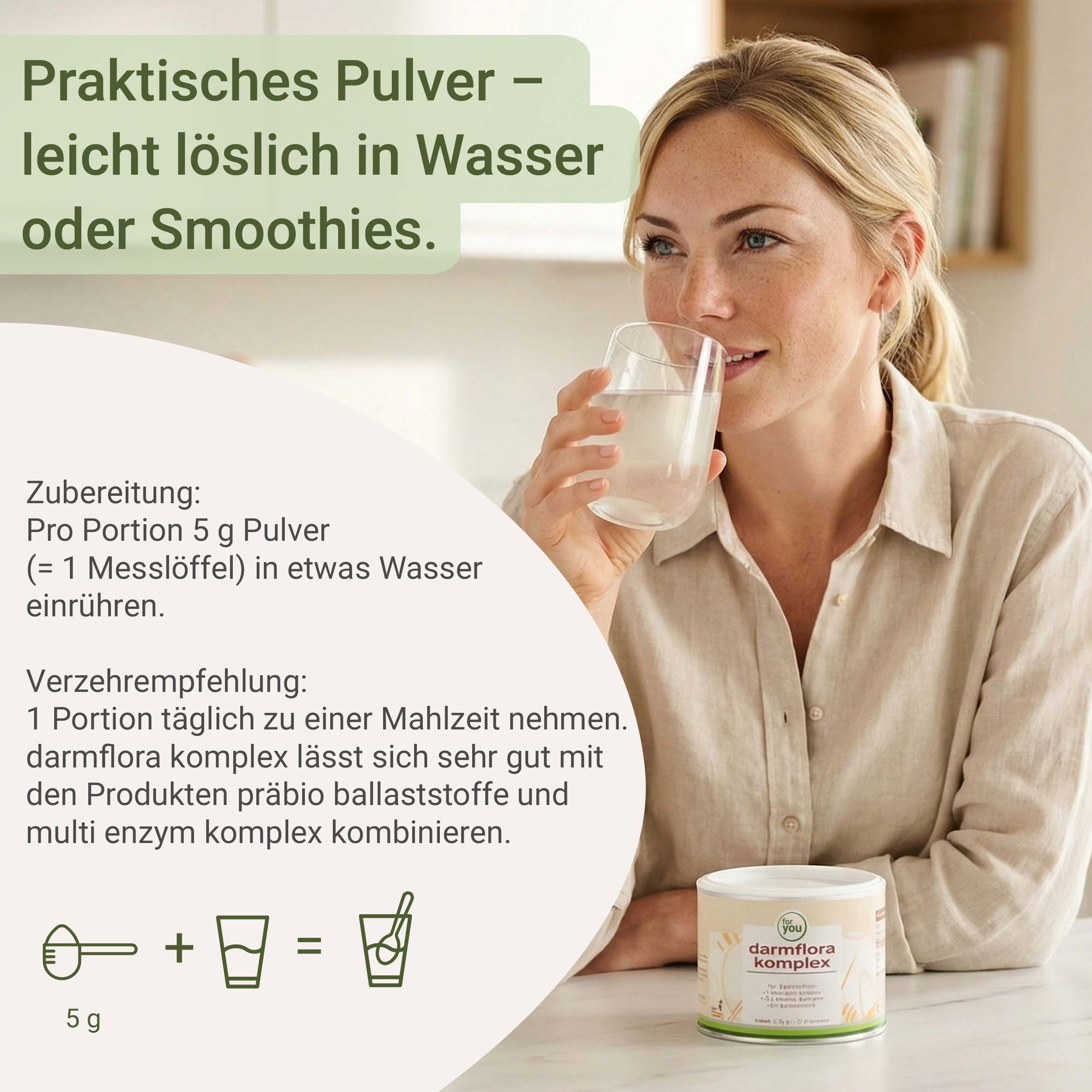 Dose 'for you darmflora komplex' auf hellem Hintergrund. Mit 11 Bakterienstämmen, 22 Milliarden Bakterien, 4g Ballaststoffe.