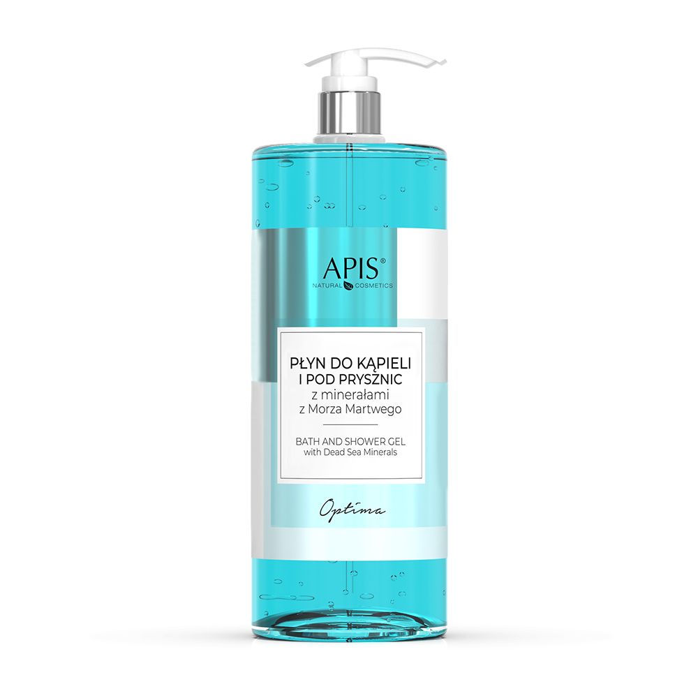 Blaues Duschgel in einer transparenten Flasche mit Pumpe. Aufschrift: APIS OPTIMA, Bade- und Duschgel mit Mineralien aus dem Toten Meer.