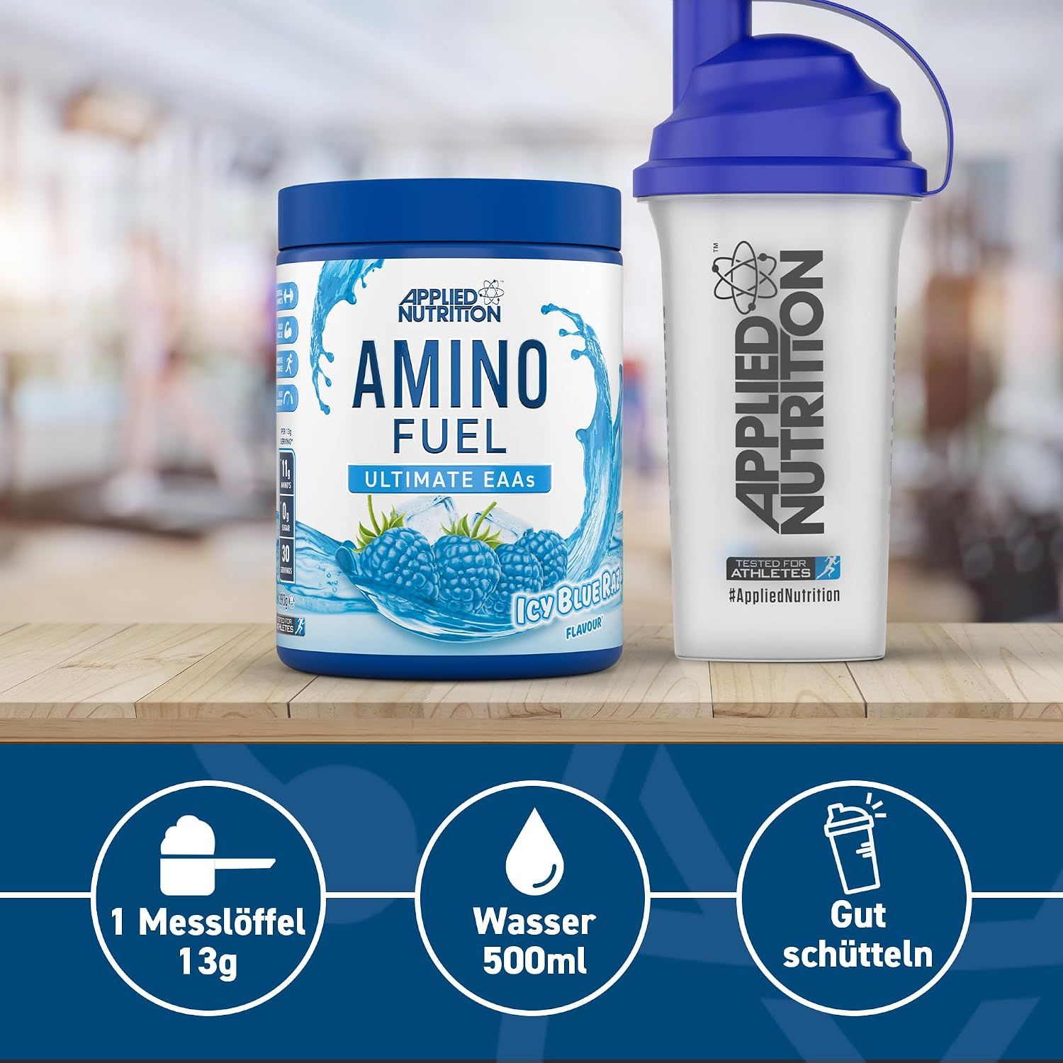 Applied Nutrition Amino Fuel Pulver, Ice Blue Beeren Geschmack, mit Shaker.