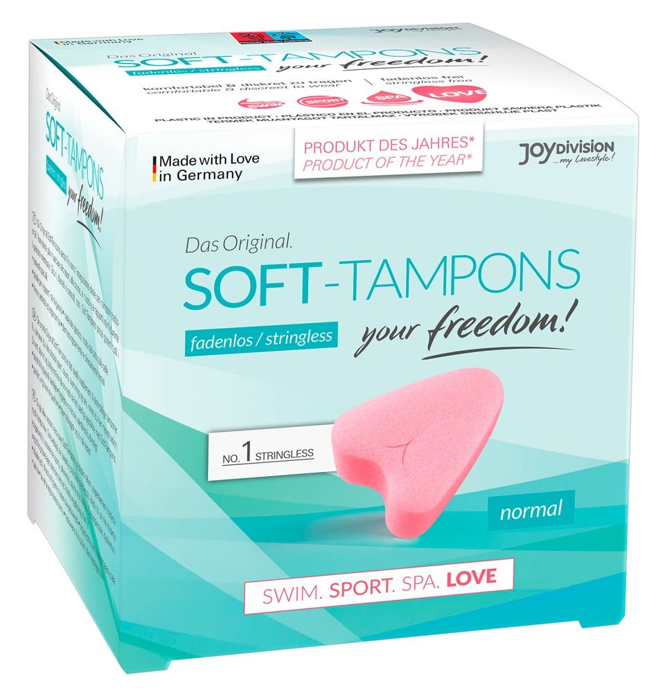 Verpackung mit rosa, herzförmigem Soft-Tampon. Aufschrift: SOFT-TAMPONS, fadenlos, normal. Produkt des Jahres. Made in Germany.