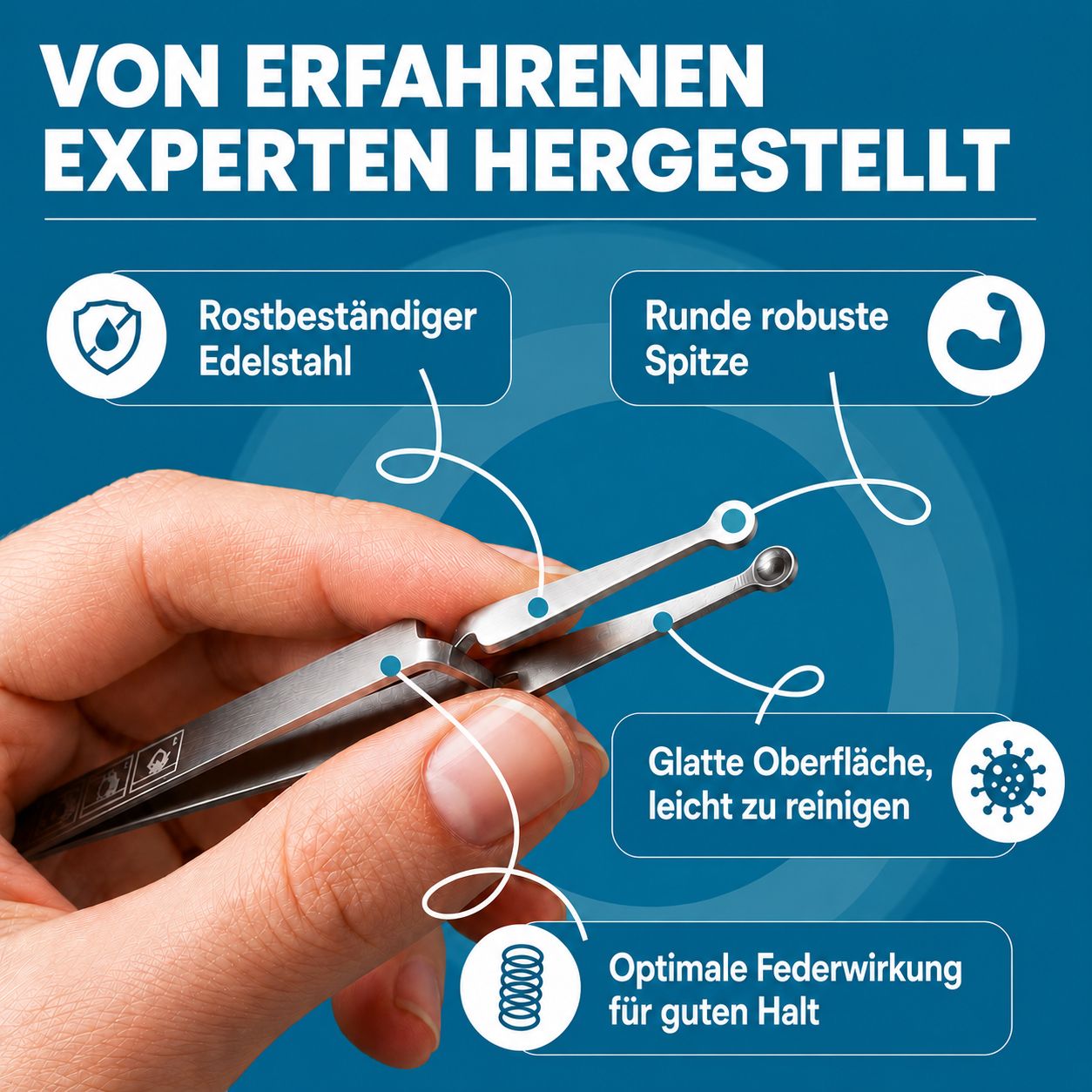 Zeckenzange. Rostbeständiger Edelstahl. Runde Spitze. Glatte Oberfläche. Optimale Federwirkung. Text: Von erfahrenen Experten hergestellt.