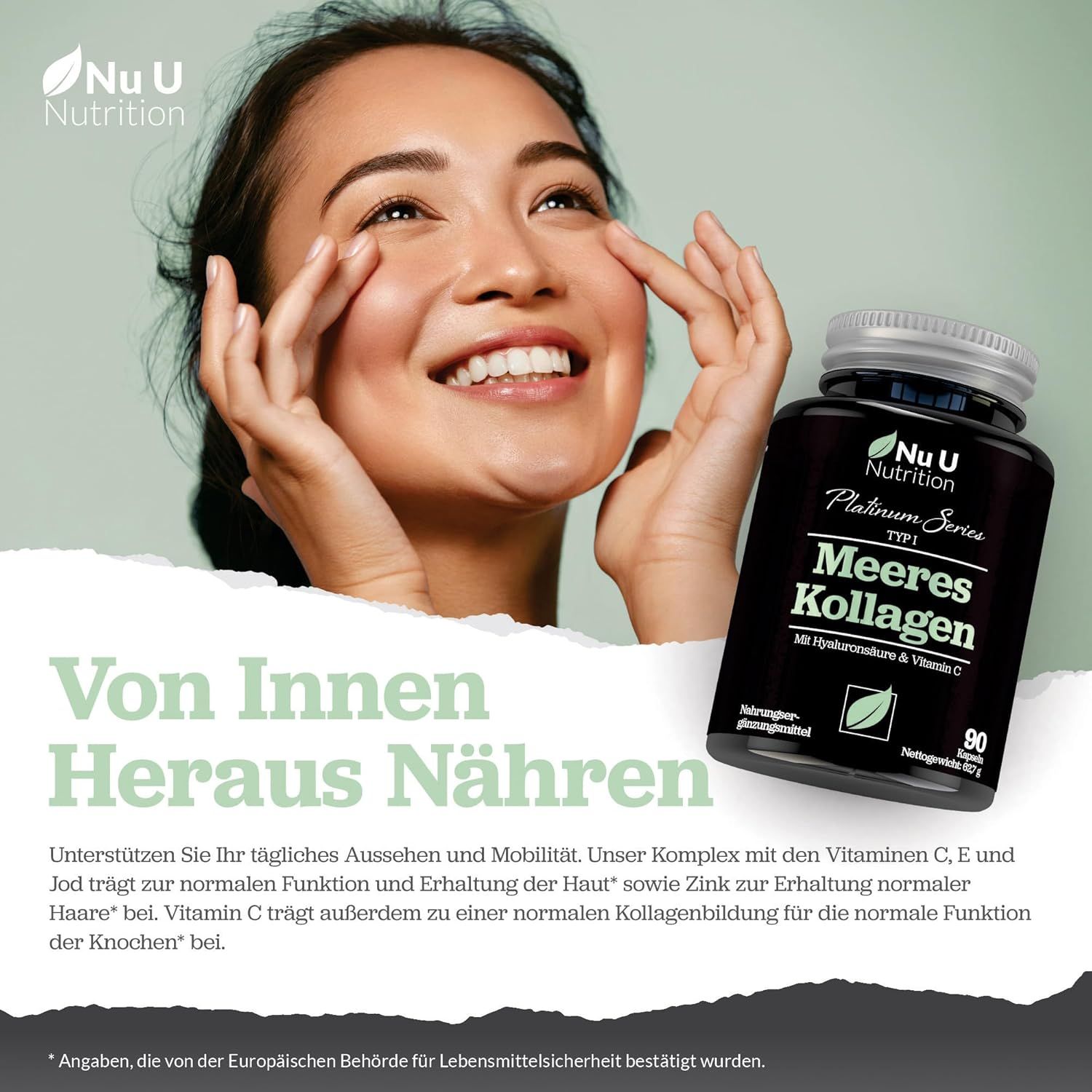 Frau berührt ihr Gesicht. Flasche: Nu U Nutrition, Meeres Kollagen, 90 Kapseln. Mit Hyaluronsäure & Vitamin C.