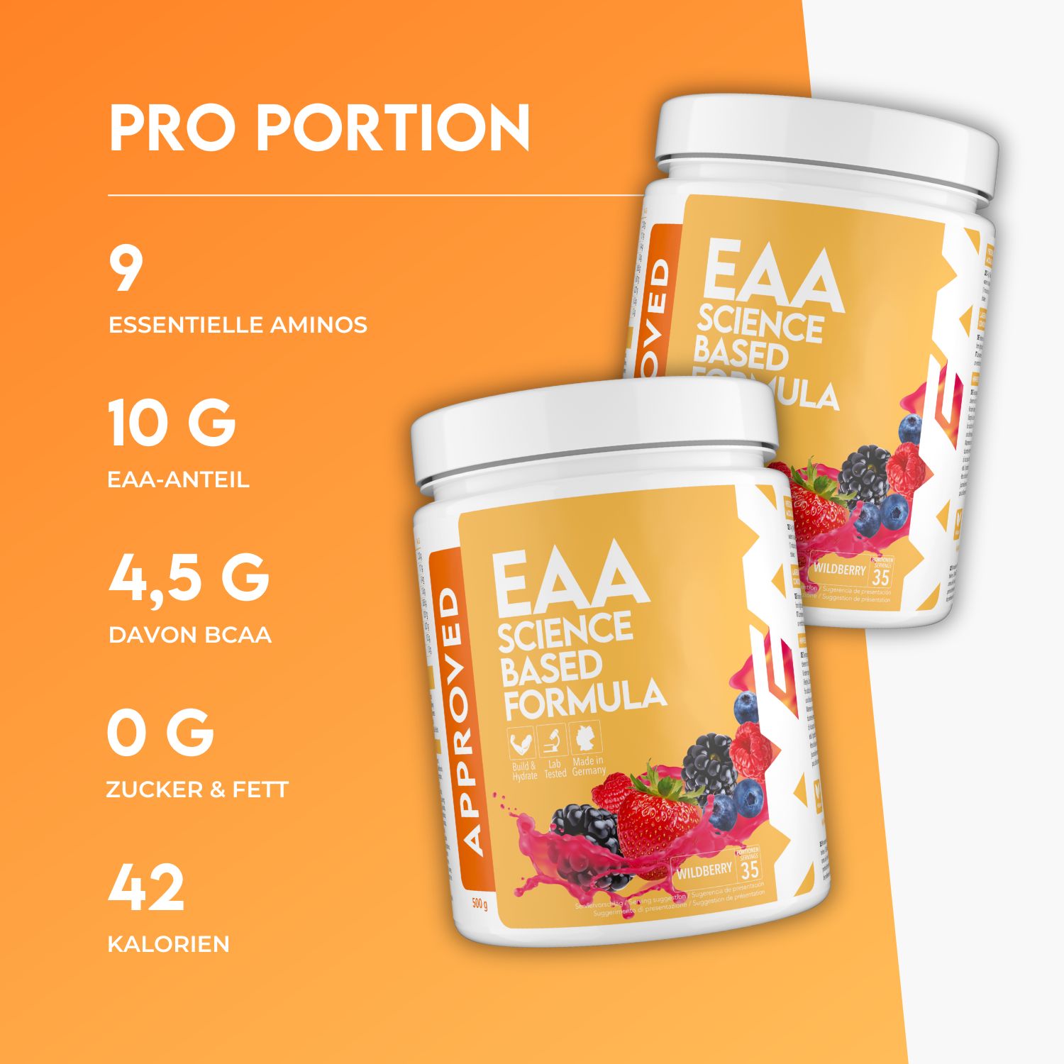 Zwei Behälter EAA Science Based Formula. Gelbes Etikett mit Produktnamen, Früchten und Zertifizierung. Text mit Nährwertangaben.