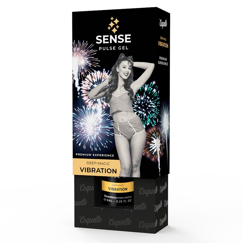 Sense Pulse Gel Verpackung mit Flasche. Das Design zeigt eine Frau und Feuerwerk. Enthält 6ml Strawberry Cream Aroma.