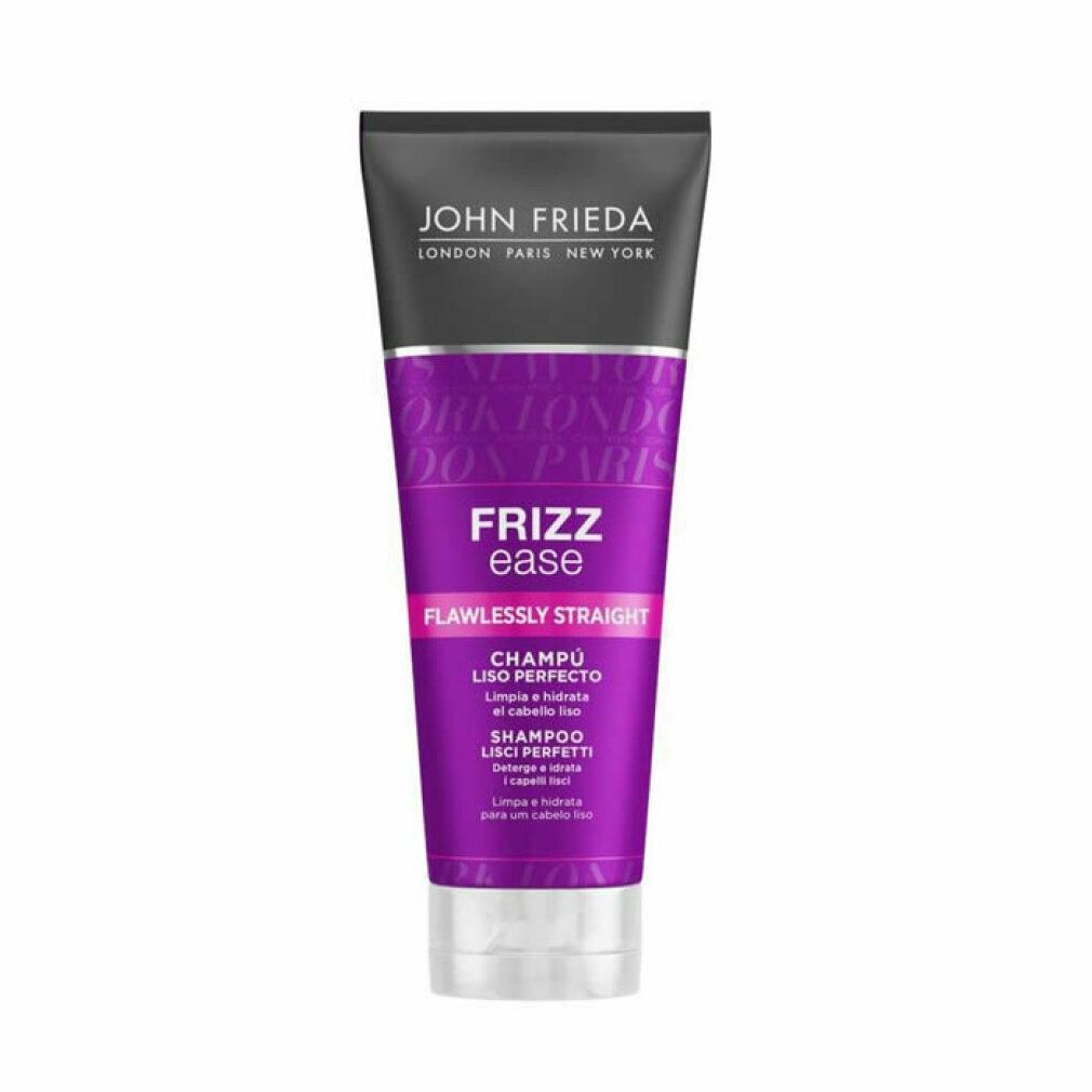 Violette Tube mit schwarzem Deckel. Schriftzug: John Frieda, Frizz Ease, Flawlessly Straight Shampoo. Enthält Keratin & Jojobaöl.