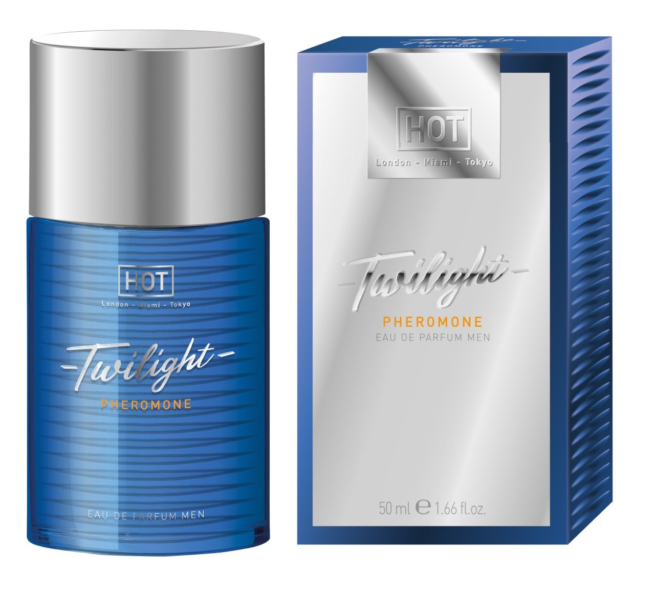 Blau-silberne Flasche und Verpackung. Aufschrift: Twilight Pheromone Eau de Parfum Men. Marke: HOT. Volumen: 50 ml.