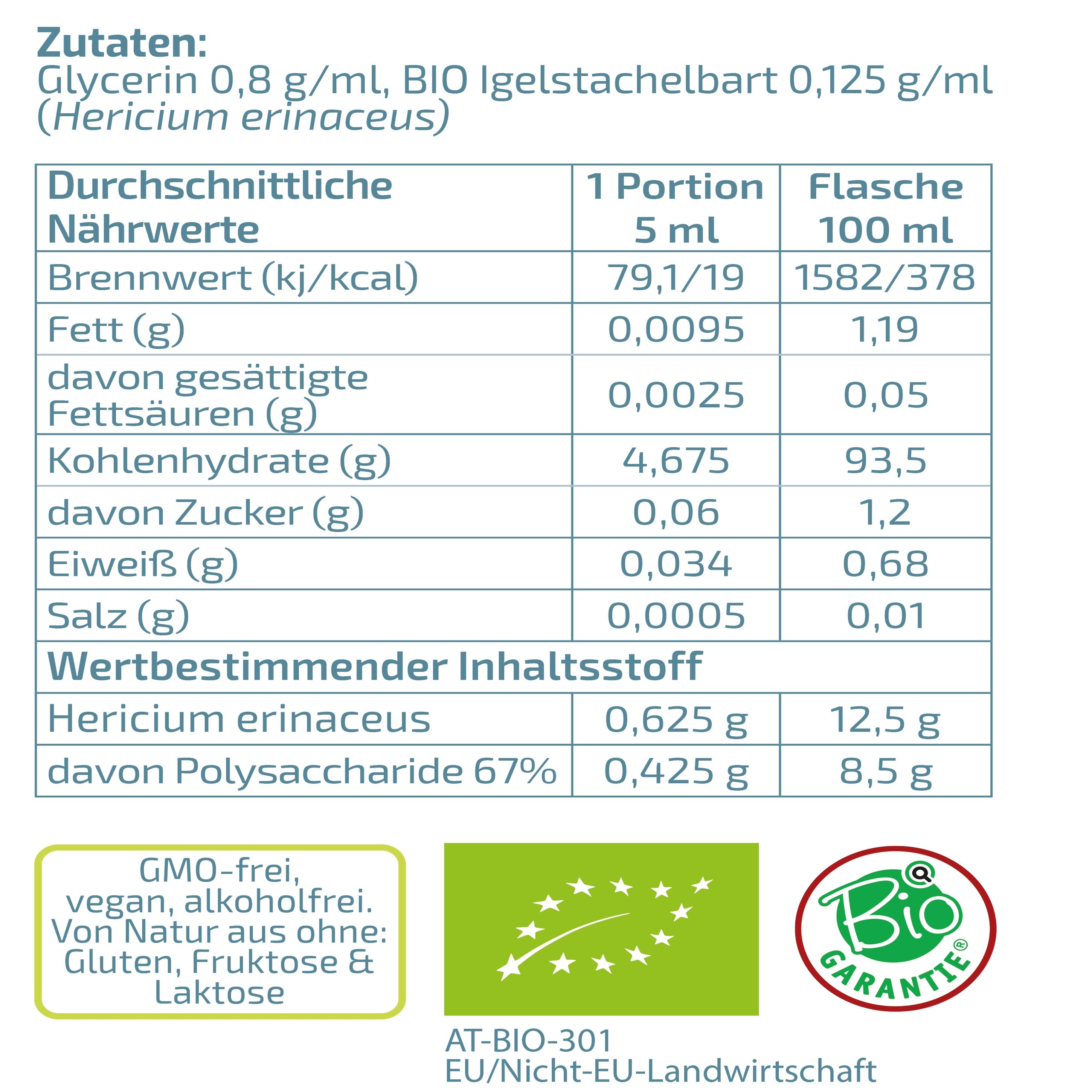 BEAUVITAL® Bio Hericium Kur Extrakt Flasche mit Nährwertangaben und Bio-Siegeln.