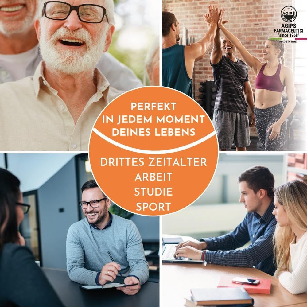 Collage mit Menschen in verschiedenen Lebenssituationen: Sport, Arbeit, Studium. Text: 'Perfekt in jedem Moment deines Lebens'. Logo AGIPS.